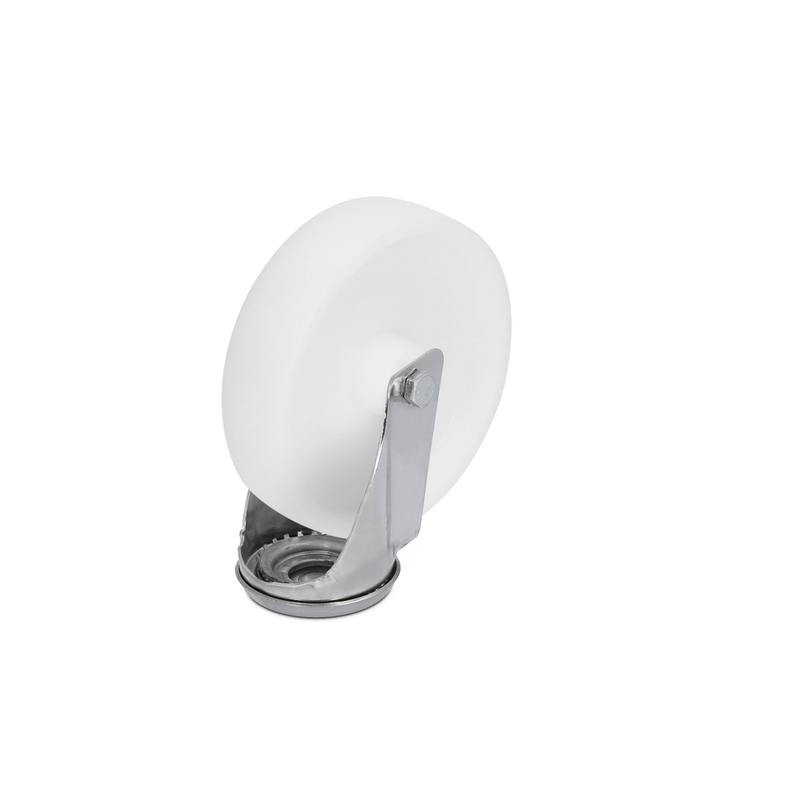 Wit rubber wiel met een metalen bevestigingsbeugel. Het wiel is gemonteerd op een ronde basis, gericht naar achteren, met een glanzende afwerking. Achtergrond is eenvoudig en monochroom.