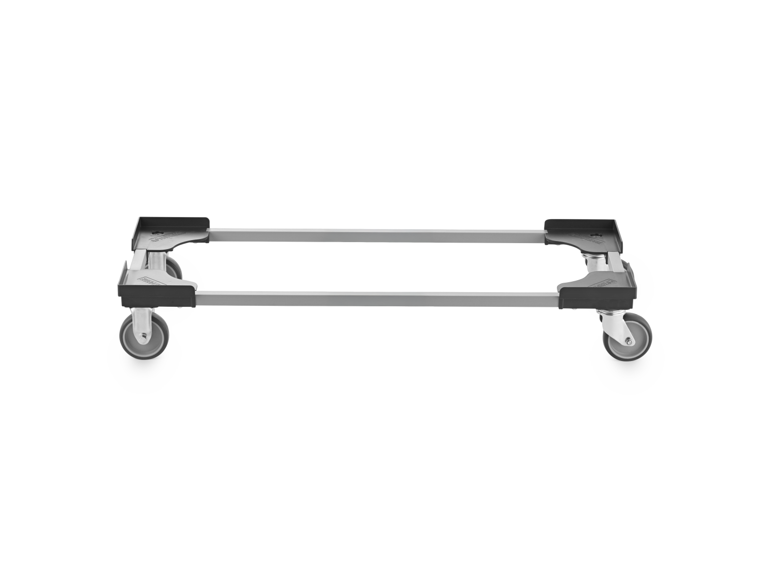 A transport trolley frame with four swivel castors is shown. The frame features a metallic structure with rubberized corners for stability. It is positioned on a simple white background, emphasizing its design.