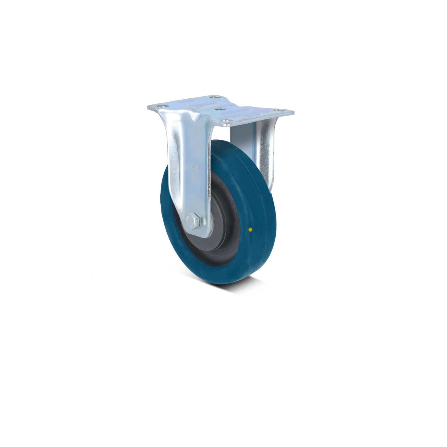 Zwenkwiel met een blauwe rubberen band en een metalen montageschijf. Het wiel is voorzien van een zwart loopvlak en heeft een glanzende afwerking. De achtergrond is eenvoudig en onopvallend.