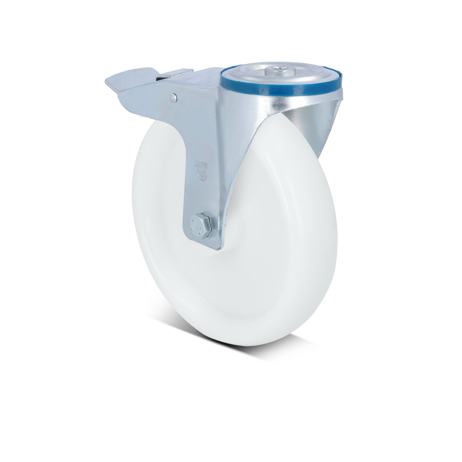 Ein weißer Rollen mit einer metallischen Befestigung. Die Rolle ist glatt und rund, mit einer blauen Ringverzierung oben. Sie ist für den Einsatz in industriellen Anwendungen konzipiert.