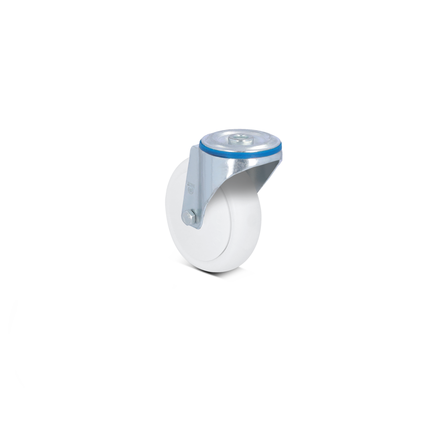 White industrial wheel with a metallic swivel bracket, featuring a blue accent. Positioned at an angle to highlight its smooth, round surface and sturdy mounting plate. The background is plain.