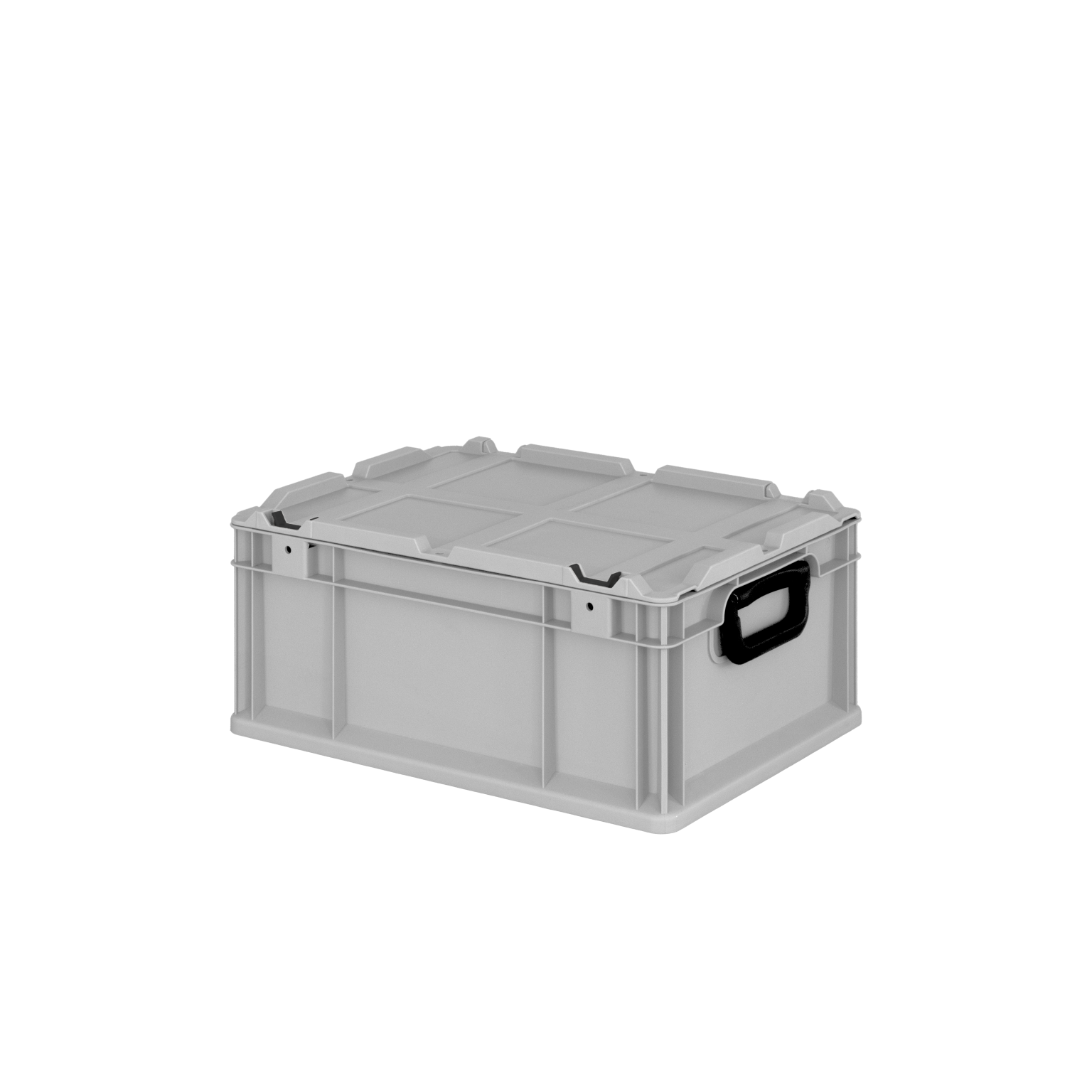 Graue Kunststoffbox mit einem stabilen Deckel und zwei schwarzen Griffen. Sie ist rechteckig und steht auf einer neutralen, dunklen Hintergrundfläche. Ideal für Lagerung und Transport.