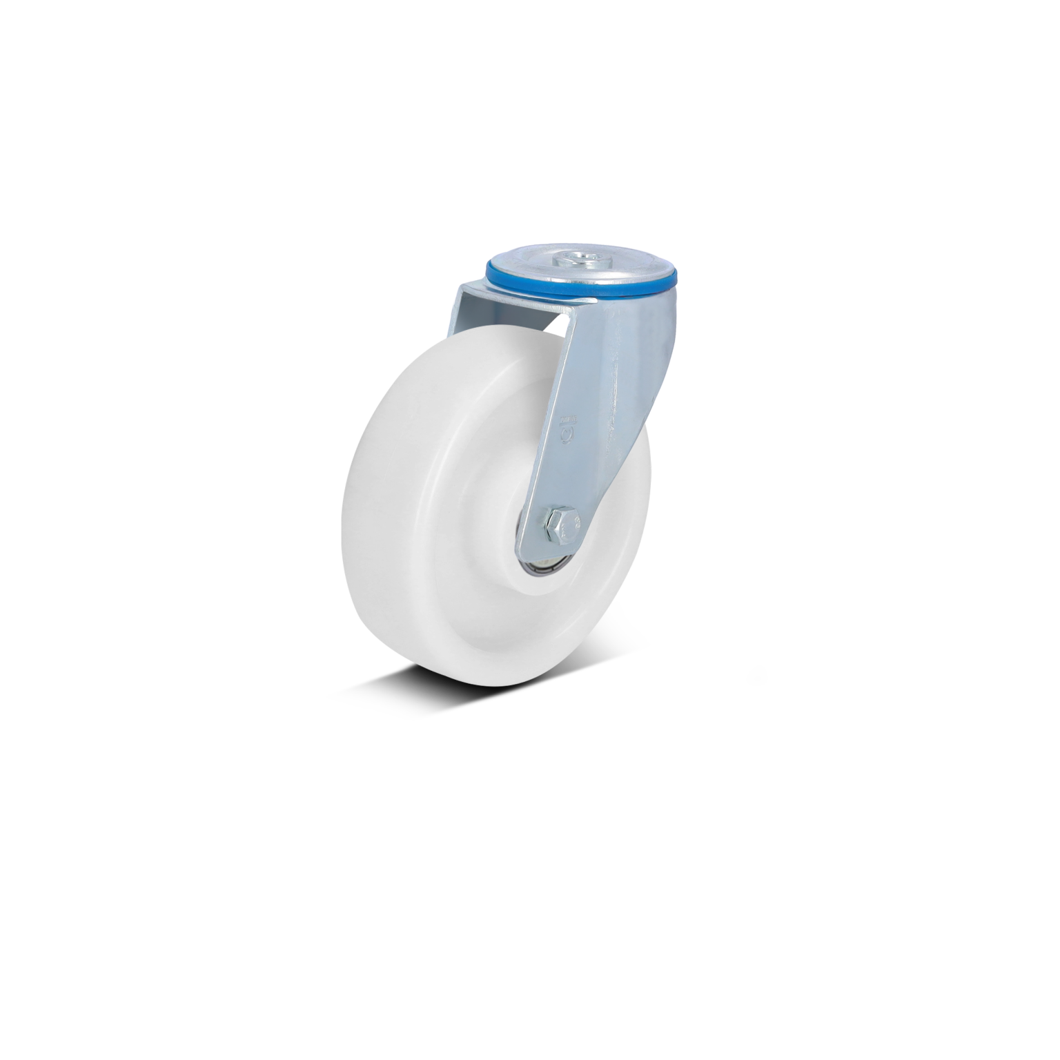 A swivel castor with a white plastic wheel is shown from a side angle. It features a metallic mounting bracket and a blue rim, designed for smooth movement in industrial settings.