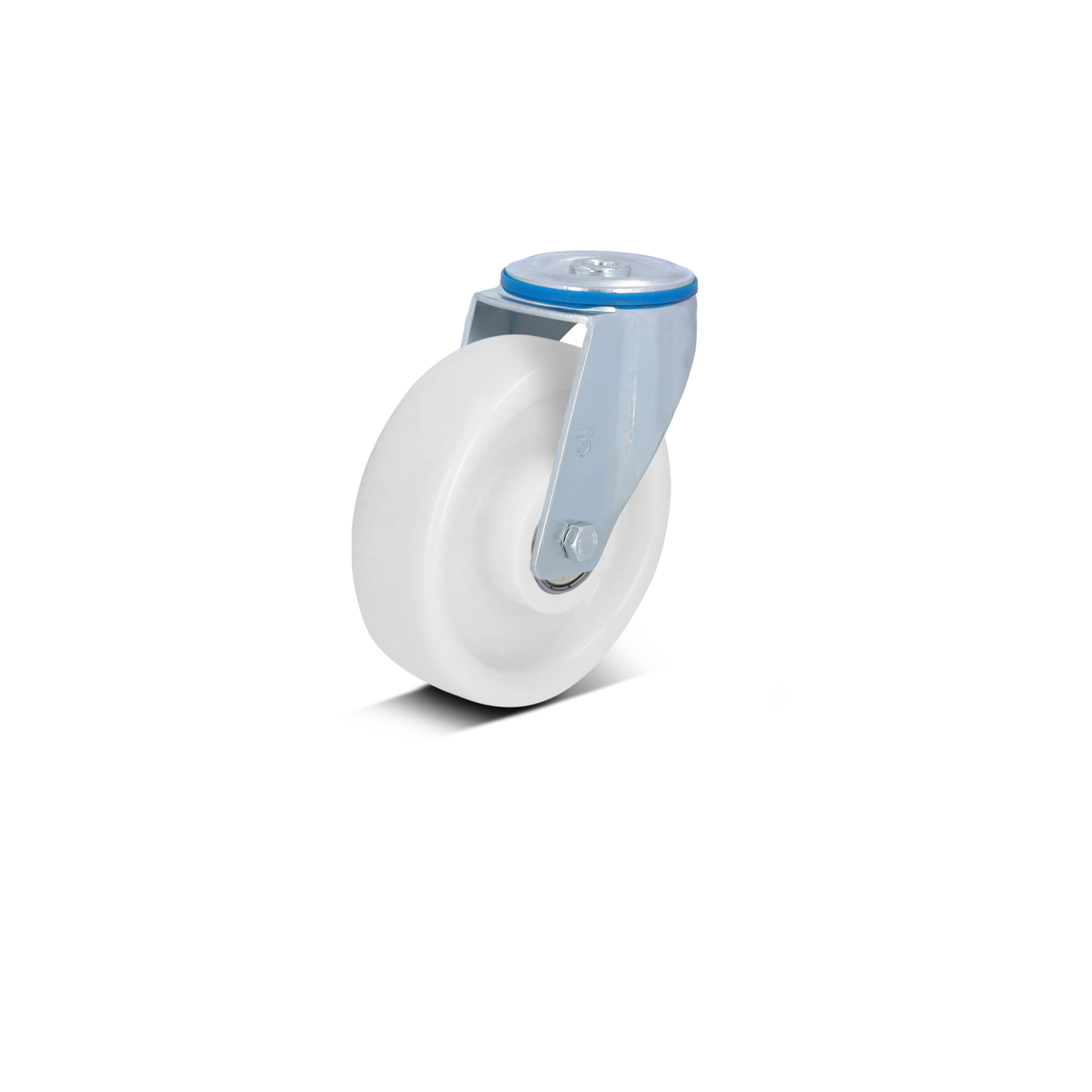 A swivel castor with a white plastic wheel is shown from a side angle. It features a metallic mounting bracket and a blue rim, designed for smooth movement in industrial settings.