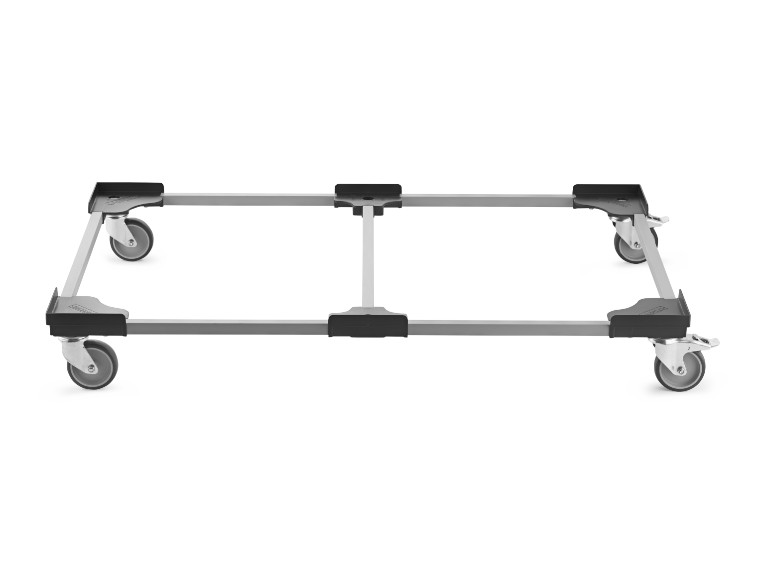 A rectangular transport trolley features a sturdy frame with four swiveling castors. The design is compact, suitable for easy maneuverability within industrial environments. The surface is clear, emphasizing the trolley’s functionality.