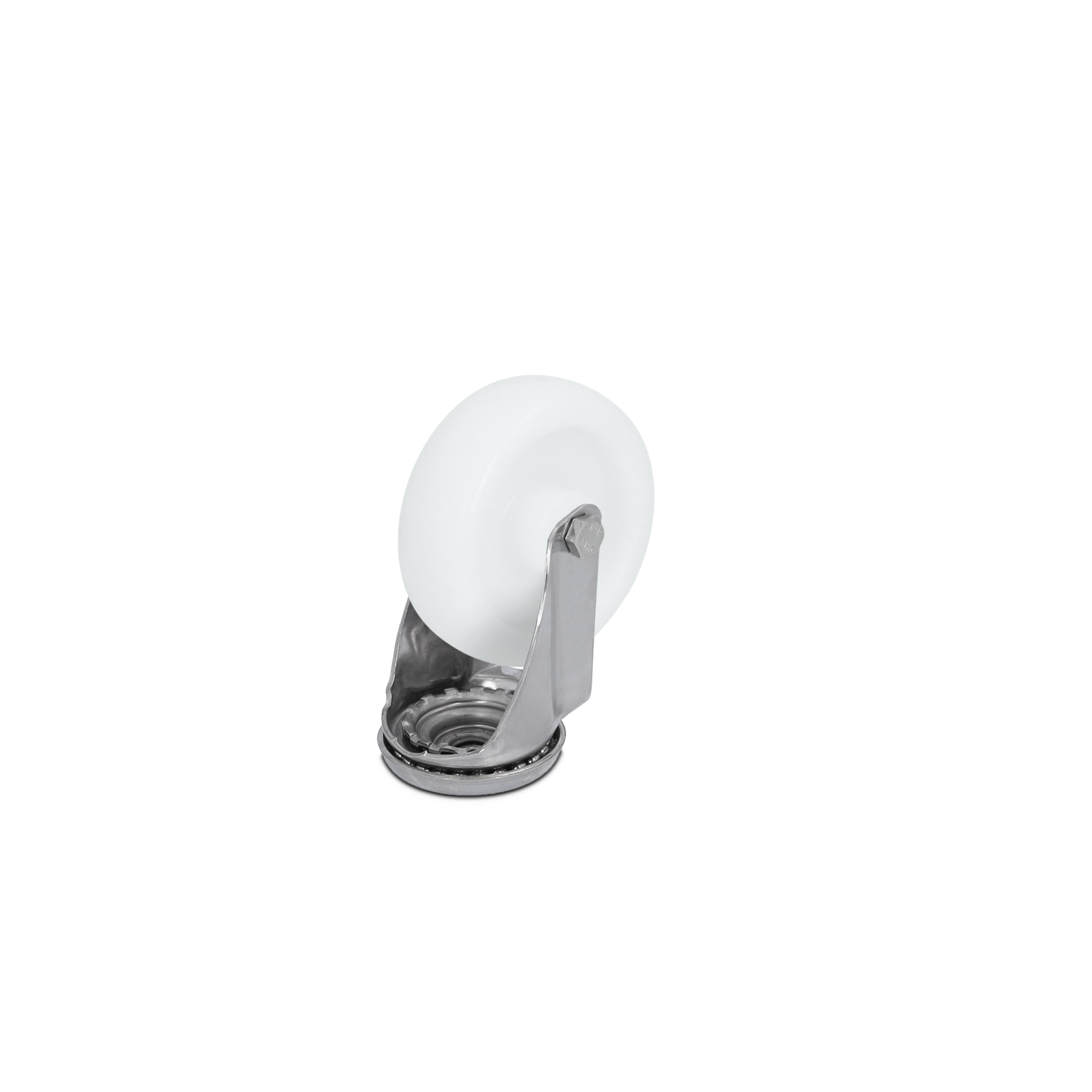 A white plastic wheel is mounted on a shiny metal bracket. The wheel is positioned to show a side profile, emphasizing its smooth surface and cylindrical shape. The background is simple and unobtrusive.