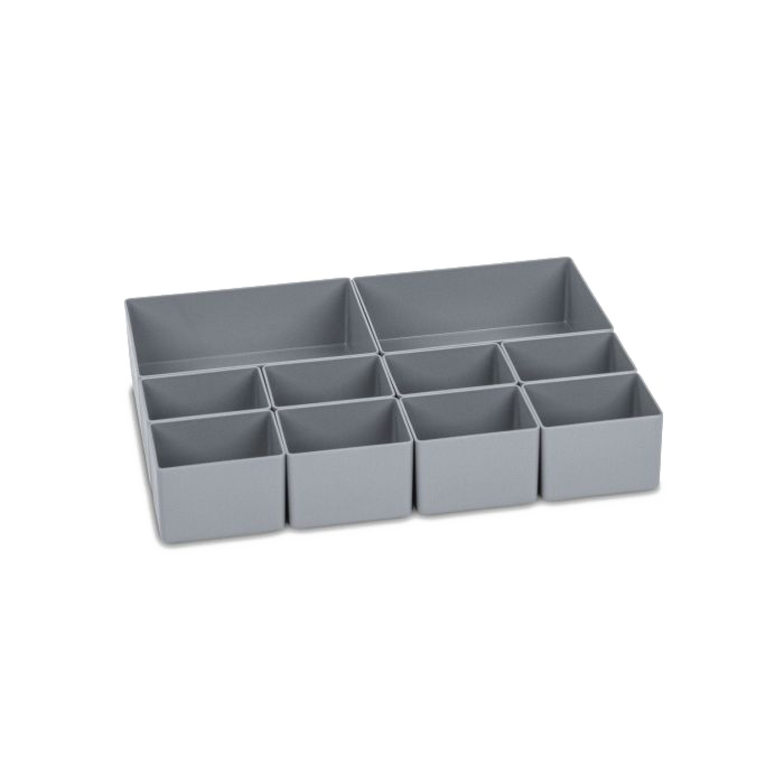 Gray organizational tray featuring multiple compartments of varying sizes. It is designed for sorting and storing small items, suitable for use in workshops or storage areas.