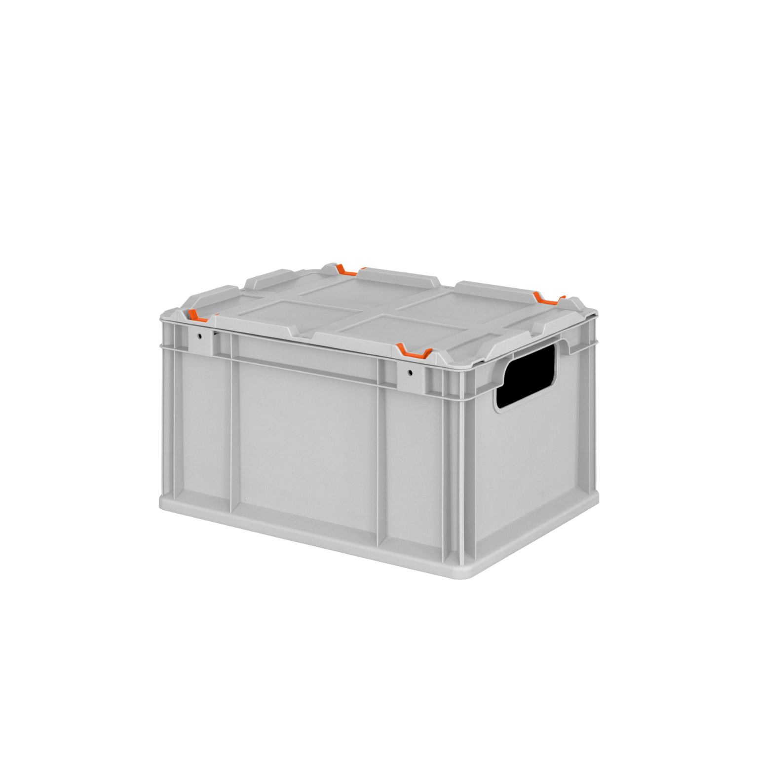 A grey plastic storage box with a flat top and orange accents. It has integrated handles on the sides for easy carrying and a sturdy design suitable for industrial use.