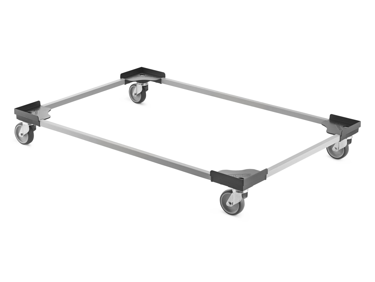 A flat transport trolley features a rectangular metal frame with four swivel castors at the corners. The design is robust, suitable for industrial use, with a smooth surface for easy handling.