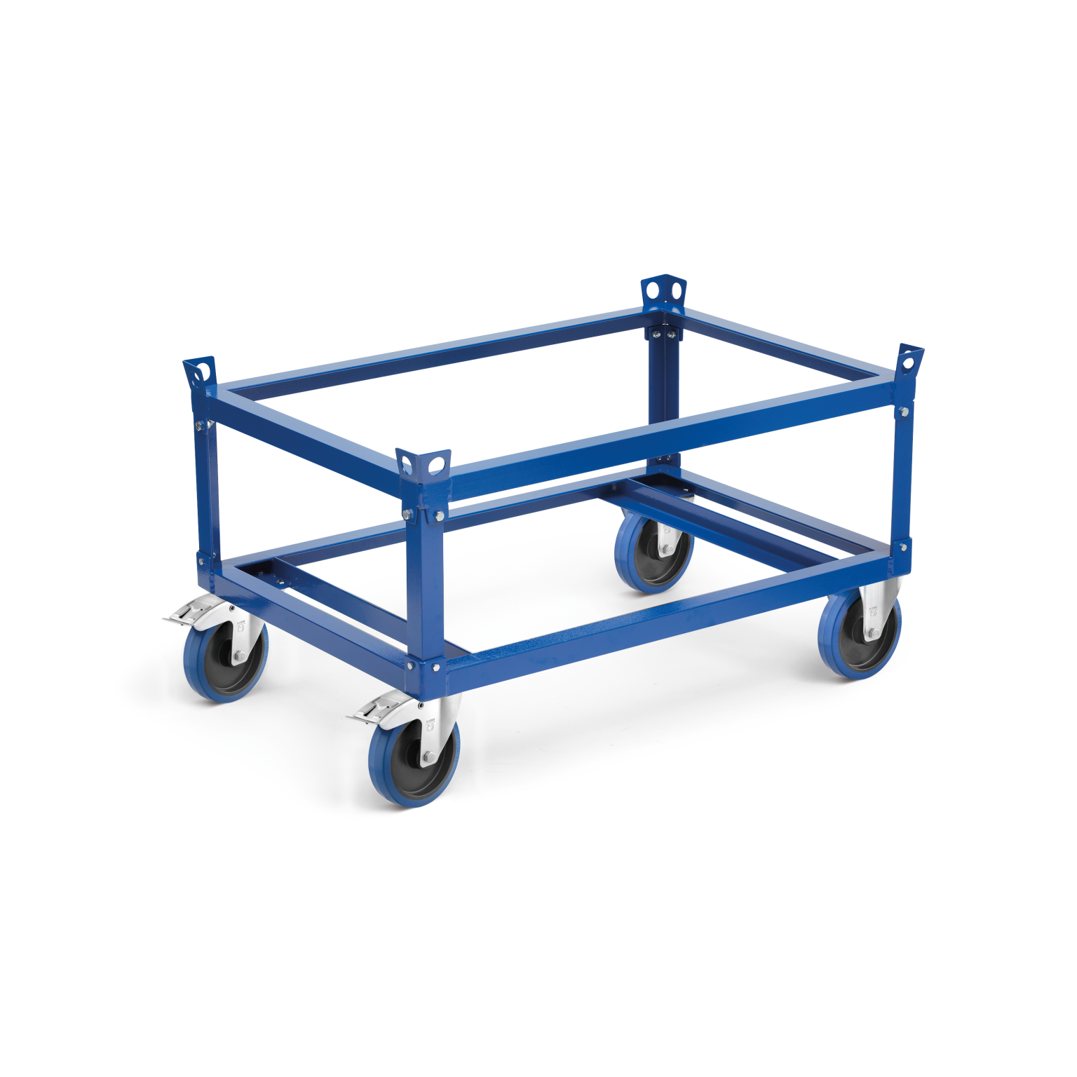 A blue metal transport trolley features an open frame design with four sturdy castor wheels. The structure is positioned on a white background, emphasizing its industrial utility for material handling.