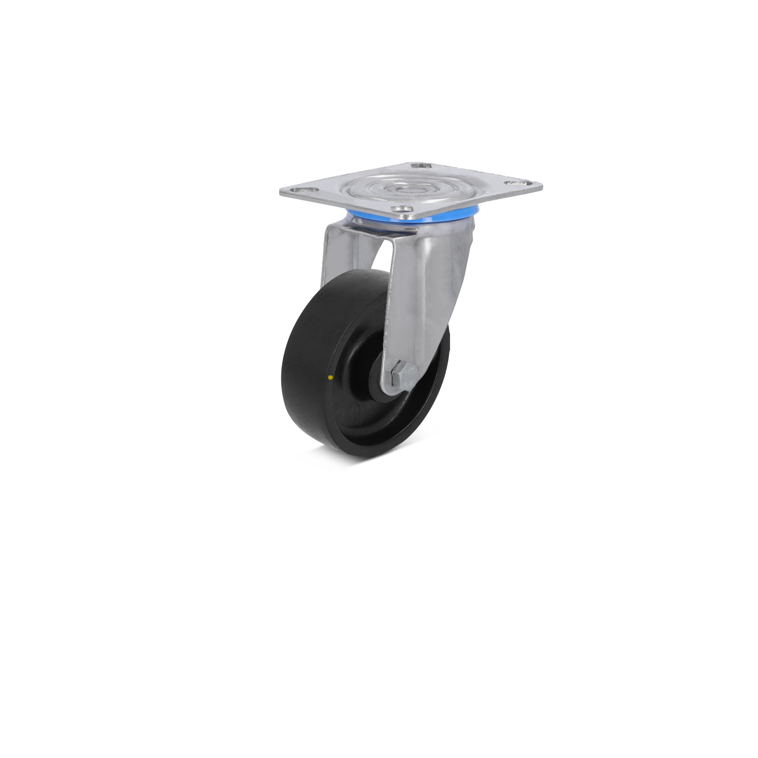 A swivel castor with a black rubber wheel is mounted on a silver metal plate. It features a blue accent ring, positioned vertically against a light background.