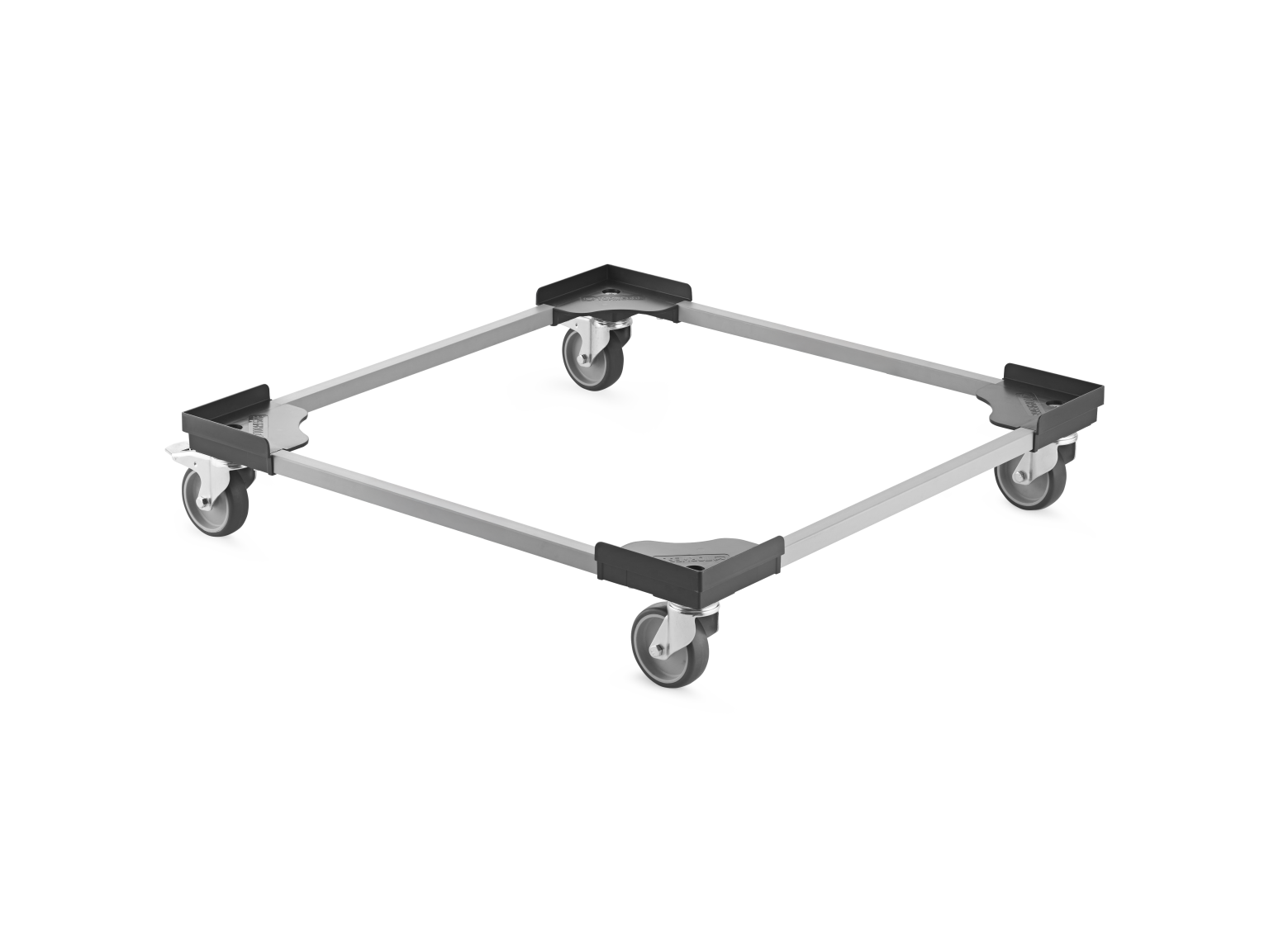 A transport trolley frame is displayed, featuring four swivel wheels at each corner. The structure is rectangular with a metal frame and black plastic corners, positioned on a plain background.