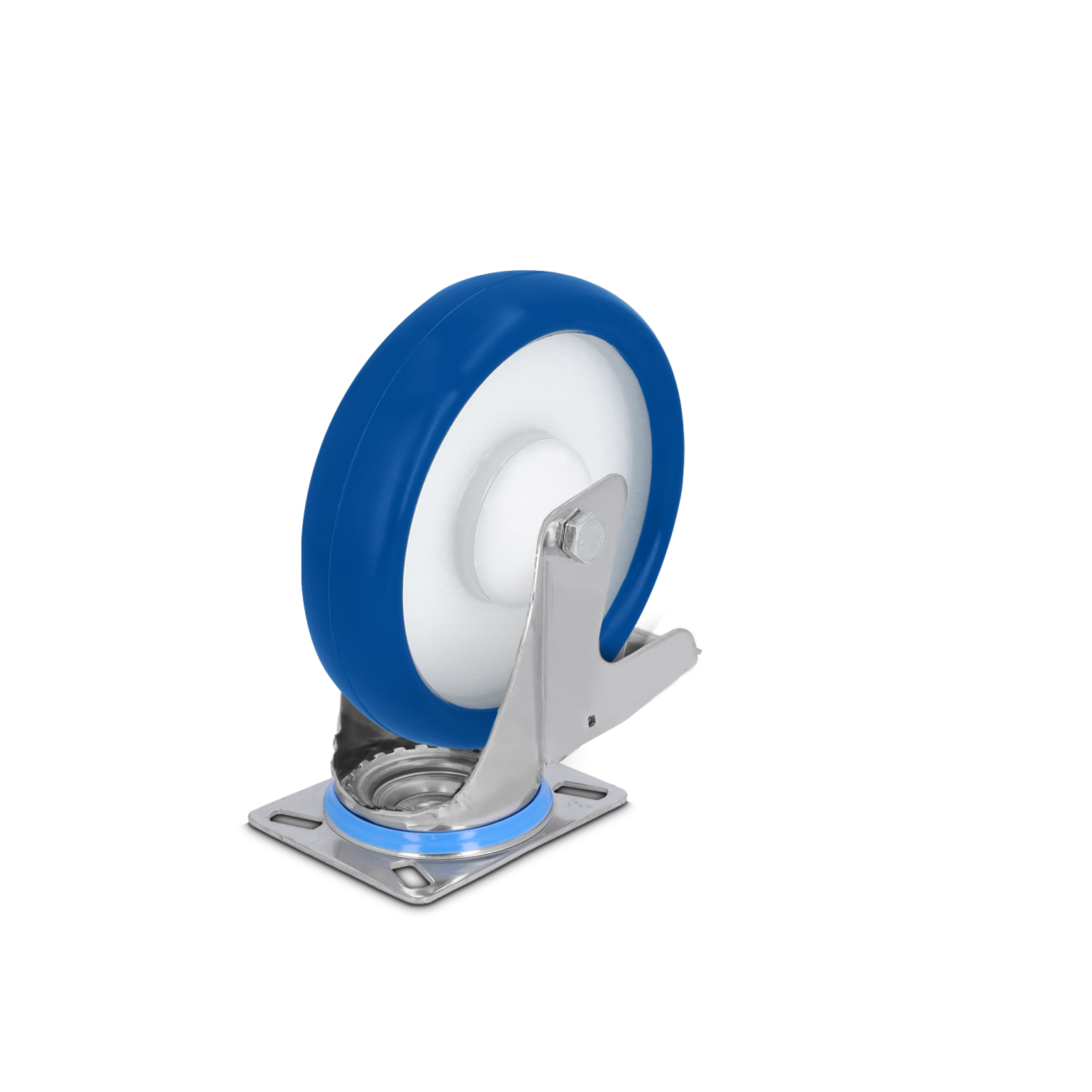 Blauwe wielen met een chromen montagemetalen beugel zijn zichtbaar. Het wiel heeft een witte binnenring, staat rechtop en is bevestigd aan een rechthoekige basis met twee gaten voor schroeven.