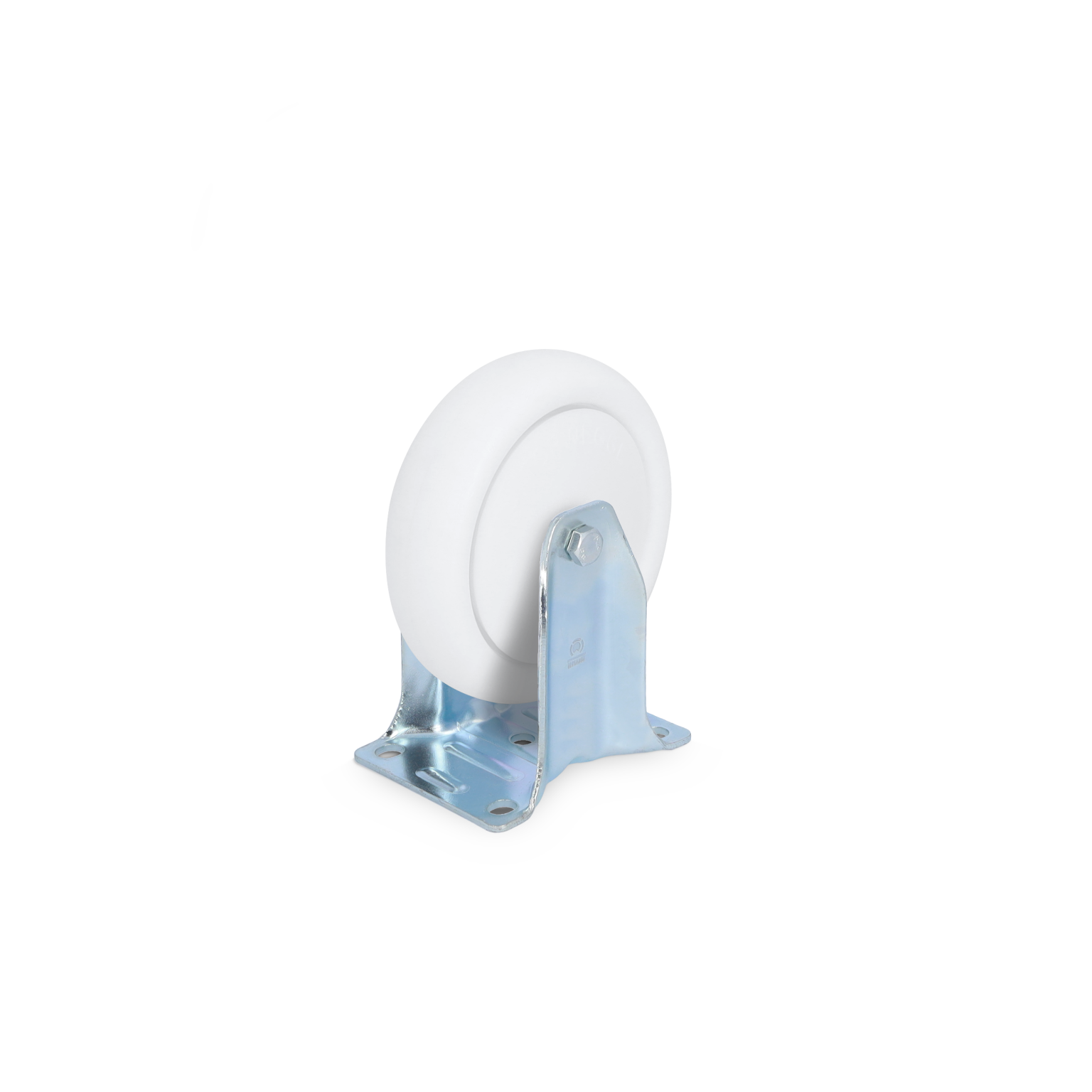 A white industrial wheel is mounted on a metal bracket, showcasing a shiny silver finish. The wheel is rounded with a smooth surface, positioned upright against a minimal background, emphasizing its design.