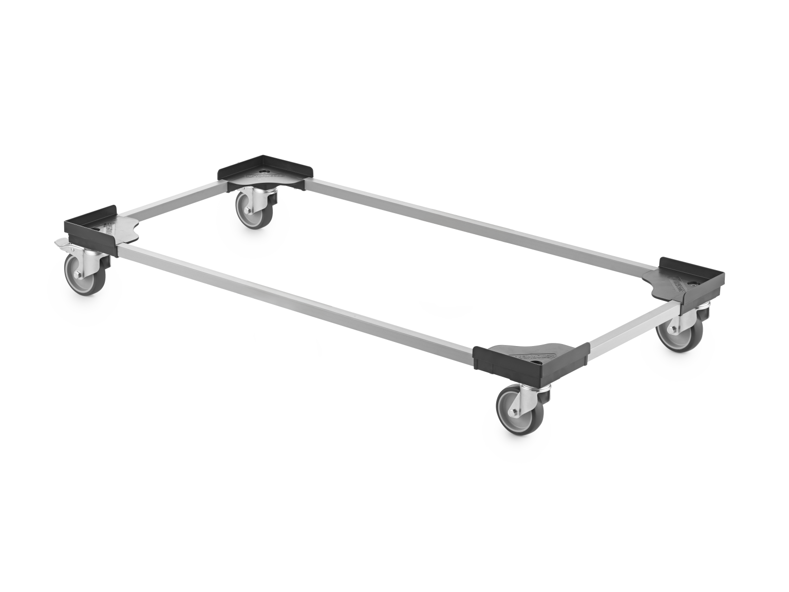 A rectangular transport trolley frame is shown, featuring four swivel castors. The frame is constructed of metal with black plastic corners for stability, positioned on a plain background.