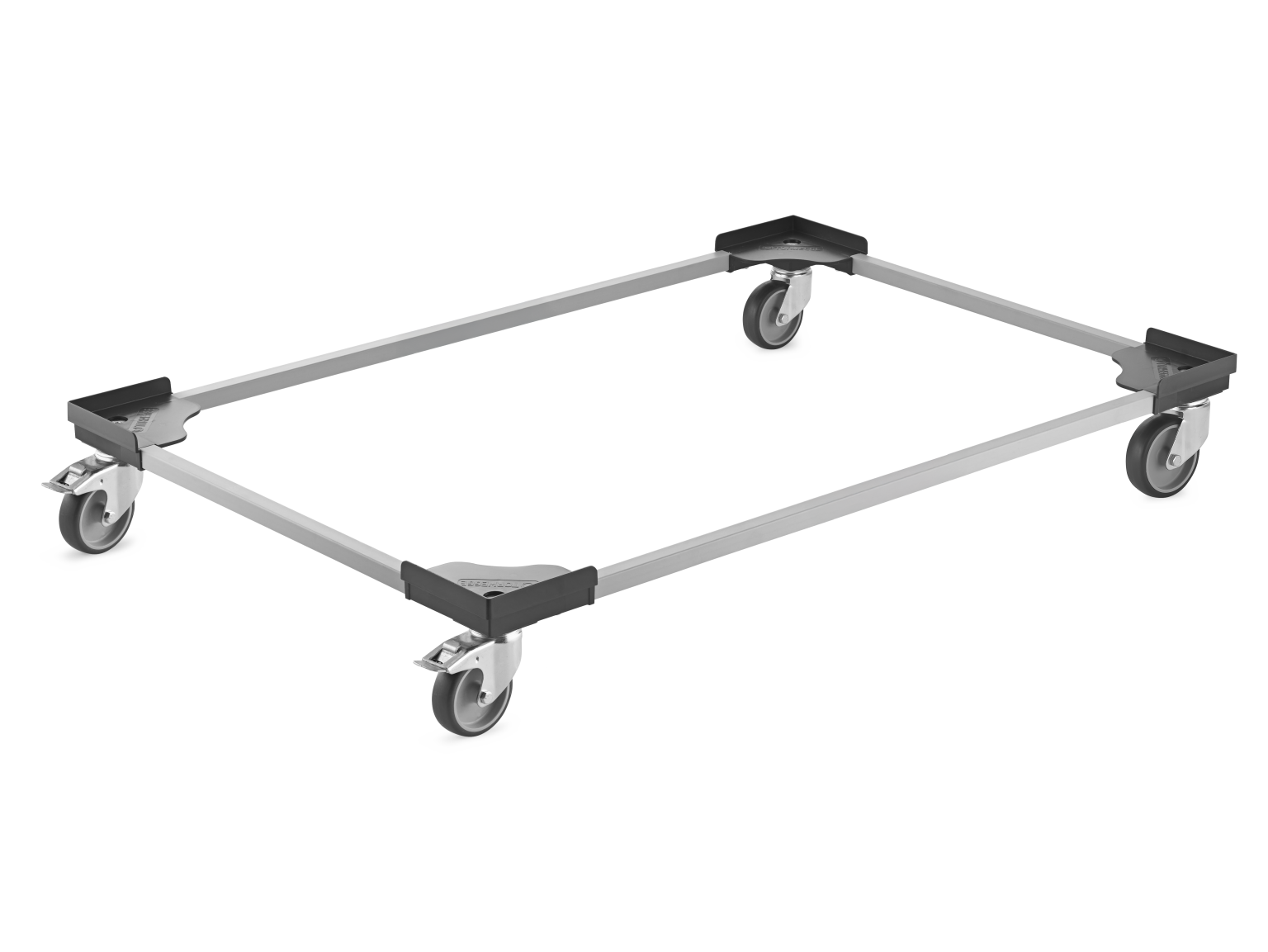 A rectangular transport platform features four mounted swivel castors at each corner, constructed from durable materials for stable movement in an industrial setting. The overall design emphasizes functionality and mobility.