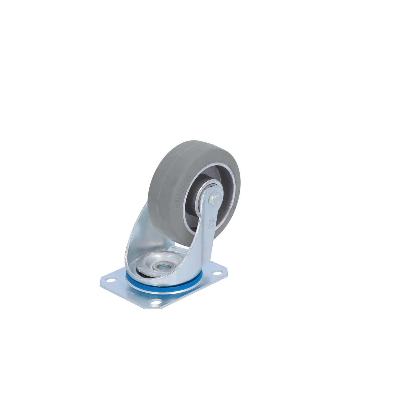 Gummirolle mit einer metallischen Halterung. Sie ist blau abgesetzt und verfügt über eine Gelenkverbindung. Der Grundkörper hat eine flache Montageplatte mit mehreren Bohrlöchern und ist auf einem neutralen Hintergrund positioniert.