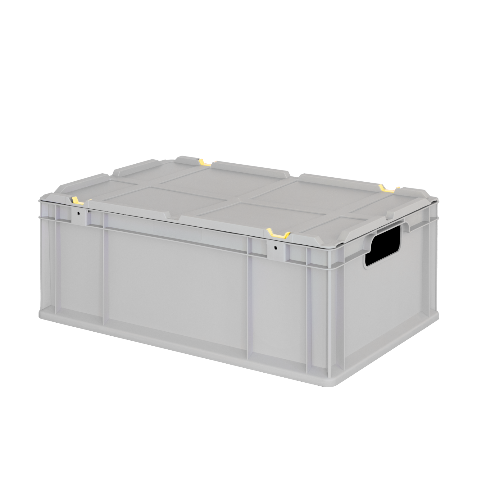 Graue Kunststoffbox mit einem stabilen Deckel, seitlichen Griffen und gelben Clips zur Sicherung des Deckels. Sie ist auf einer einfarbigen, hellen Fläche positioniert und eignet sich für Lager- und Transportzwecke.