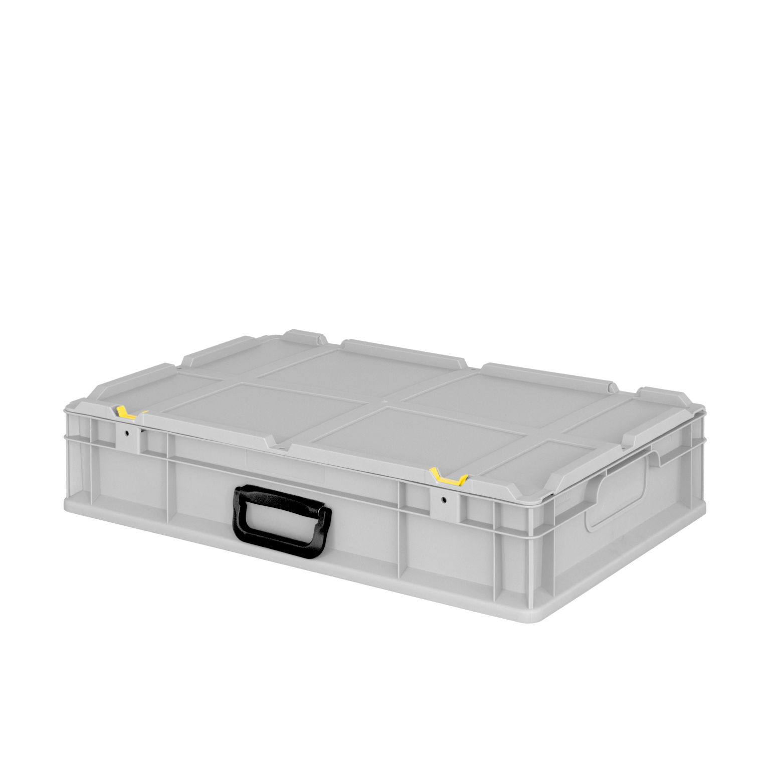 Gray plastic storage box features a sturdy handle for easy transport and yellow clips on the edges. It-s positioned horizontally against a blank background, emphasizing its design and functionality.