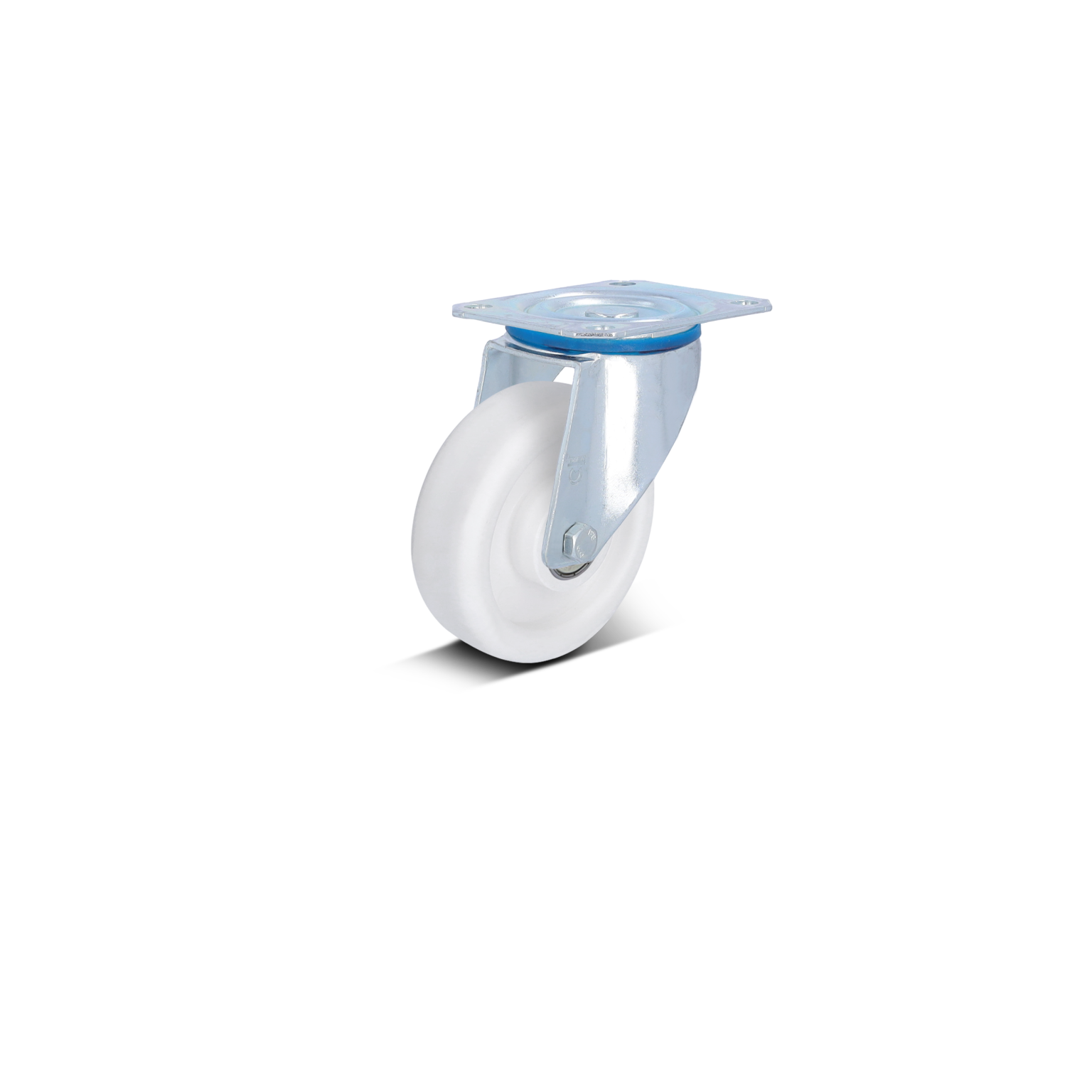A swivel castor featuring a white wheel and a metal mounting plate. The wheel is designed for mobility, positioned at an angle, showcasing its industrial component for material handling.