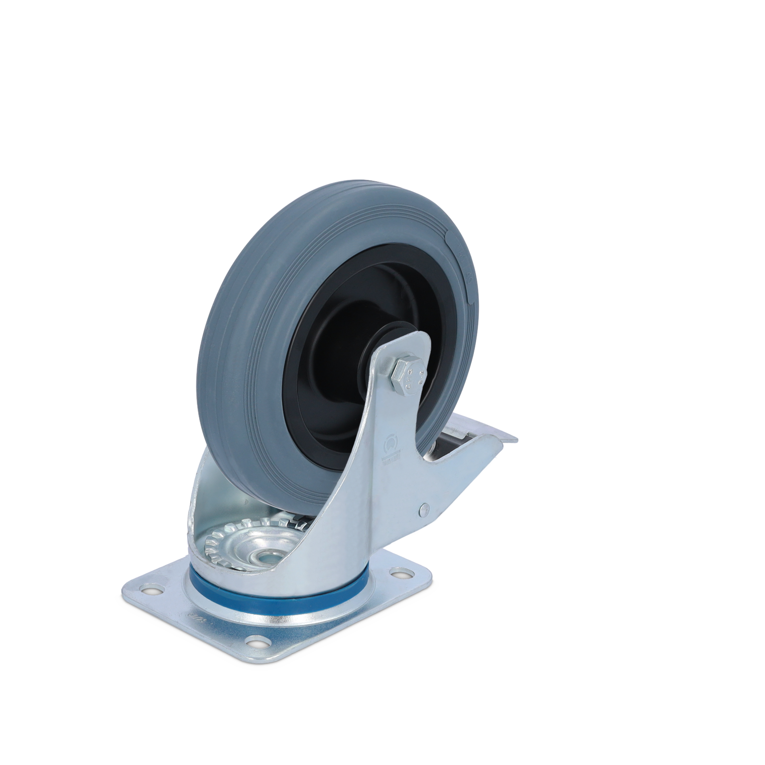 Zwenkwiel met een grijze rubberen band en een zwarte binnenring, bevestigd aan een metalen bevestigingsplaat. De basis is van glanzend metaal met een blauwe ring, geplaatst op een lichte achtergrond.
