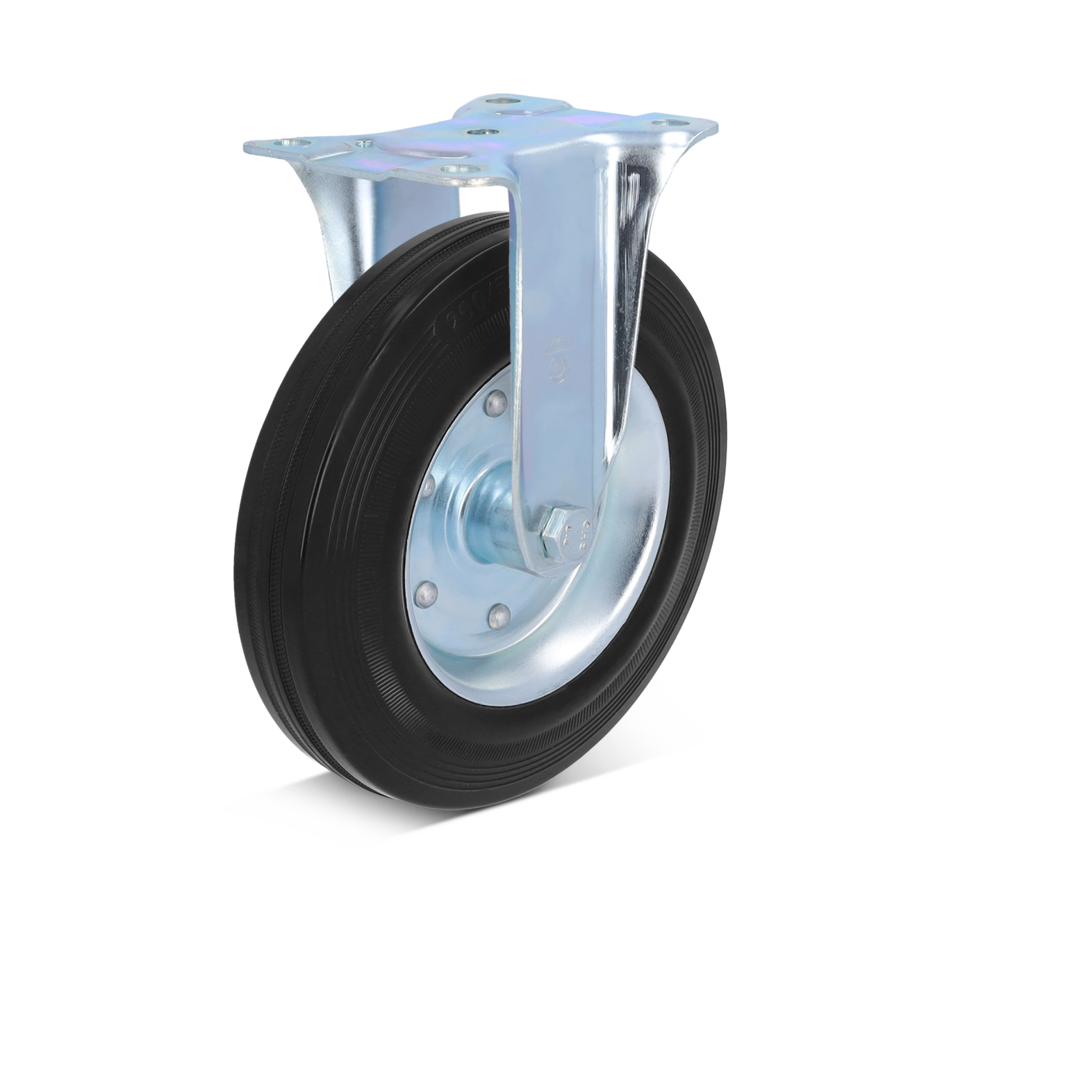 A metal castor wheel features a black rubber tire and a shiny zinc-plated mounting plate. It is positioned upright against a light background, showcasing its design for industrial applications.