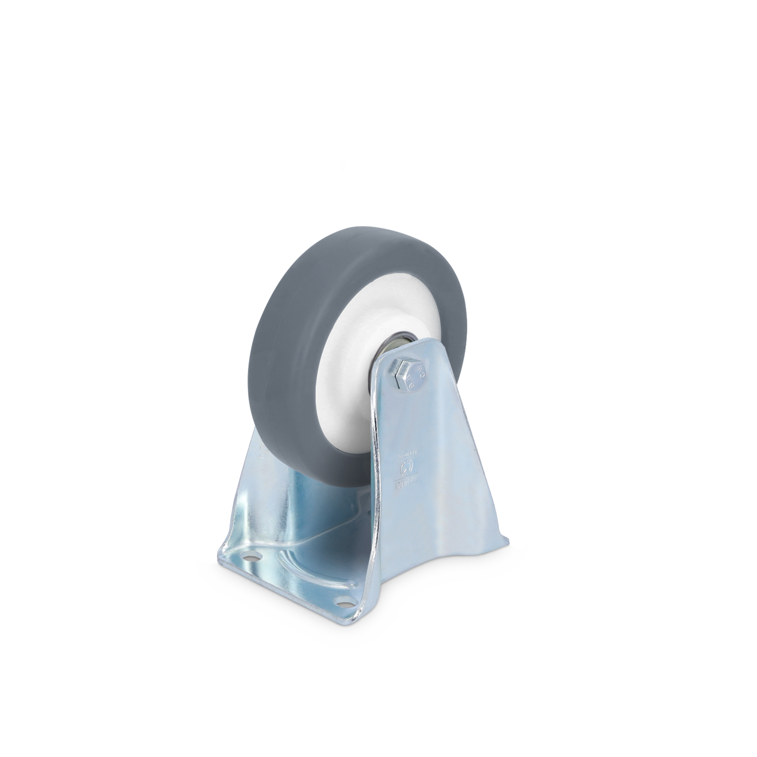 A single industrial castor is positioned upright, featuring a grey rubber wheel with a white inner ring mounted on a shiny metallic bracket. The bracket has four holes for secure attachment.