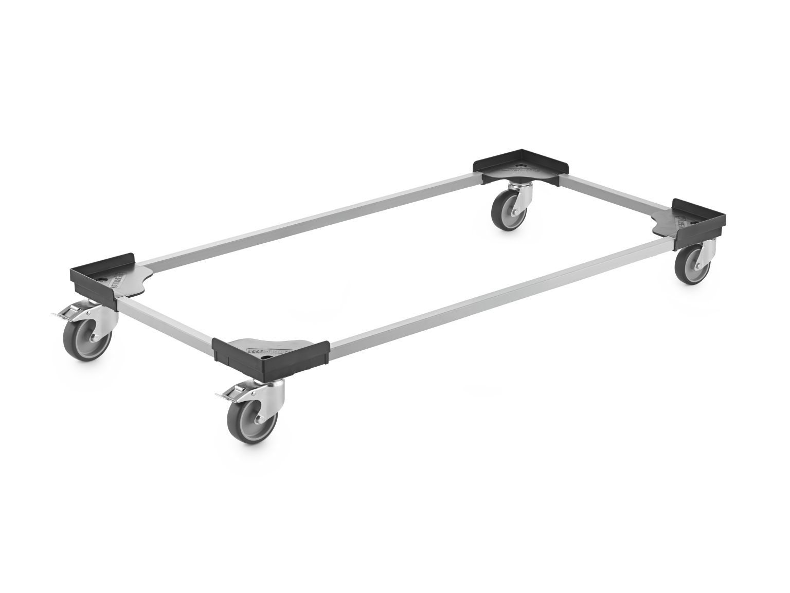 A rectangular transport trolley frame is shown, constructed of lightweight aluminum with four swivel castors at each corner. The design is minimalist, focusing on mobility for industrial applications.