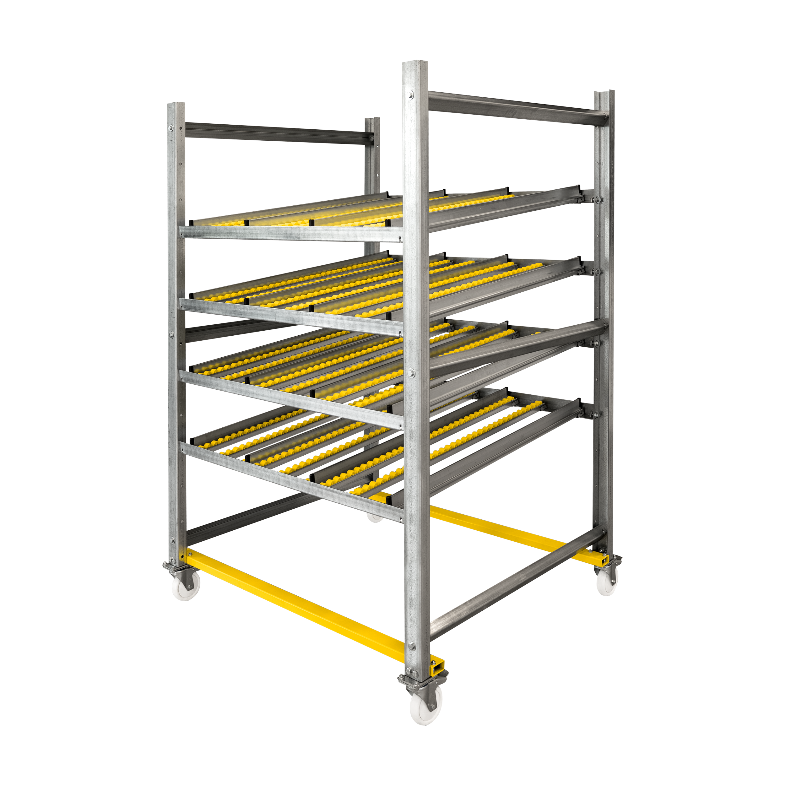 Regal mit mehreren Ebenen, ausgestattet mit gelben Rollenförderern. Es besteht aus einem stabilen Metallrahmen und hat eine gelbe Plattform am Boden. Die Räder ermöglichen einfache Mobilität im Lager.