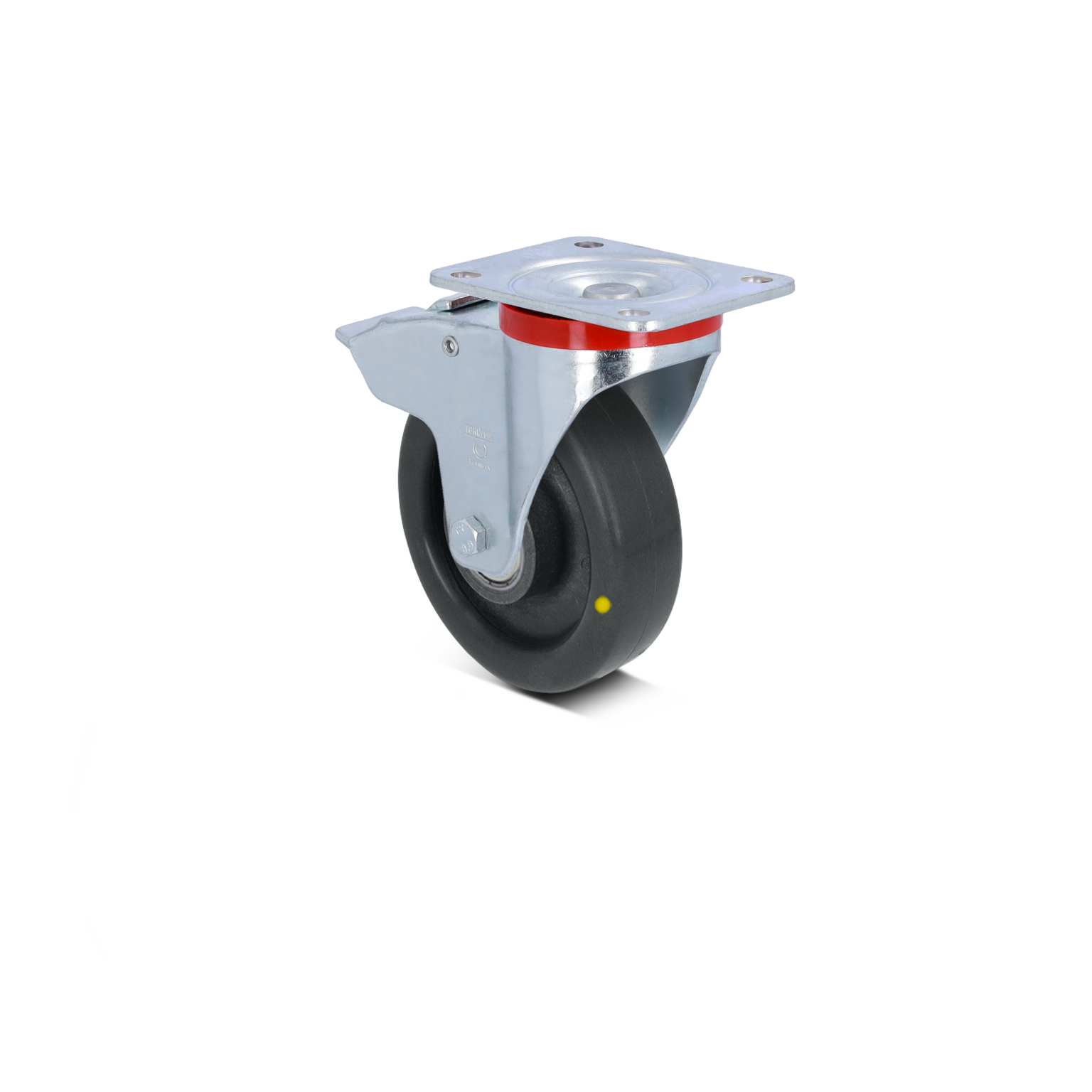 A black rubber castor wheel with a shiny metal mounting plate featuring a central hole is shown. The wheel is designed for smooth movement and likely intended for use in industrial transport equipment.