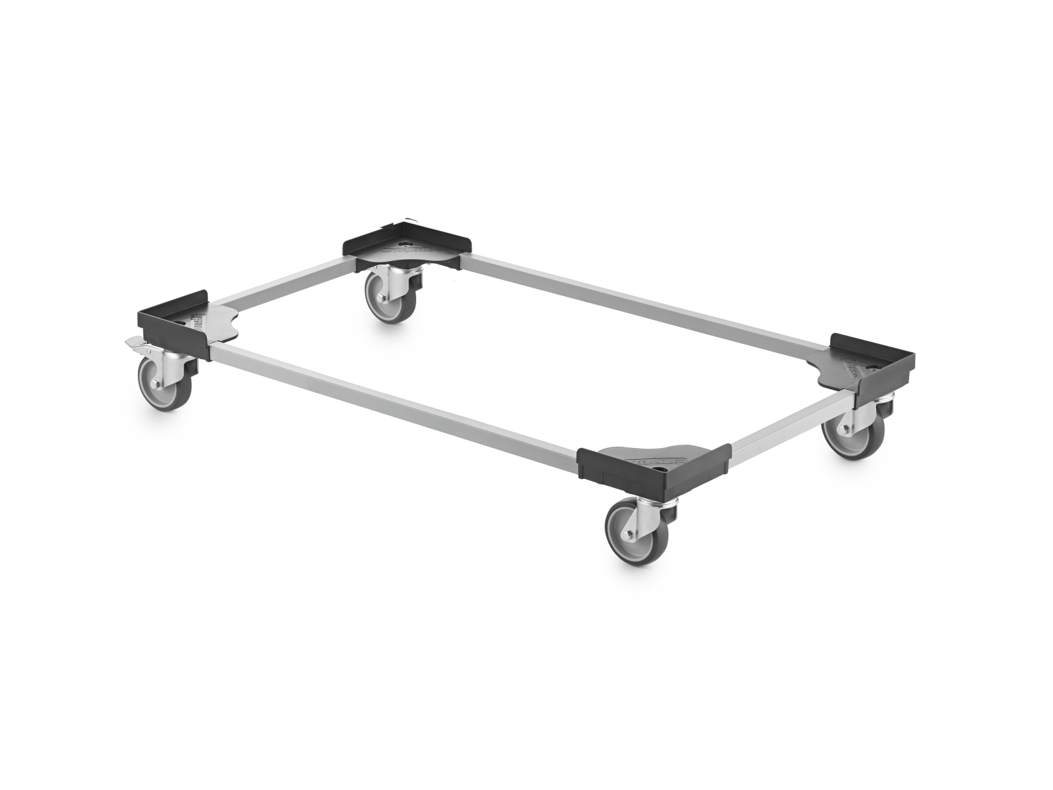 A transport trolley is designed with a rectangular framework and four swivel wheels attached at the corners. The structure is made of metal, providing stability for moving materials in an industrial setting.