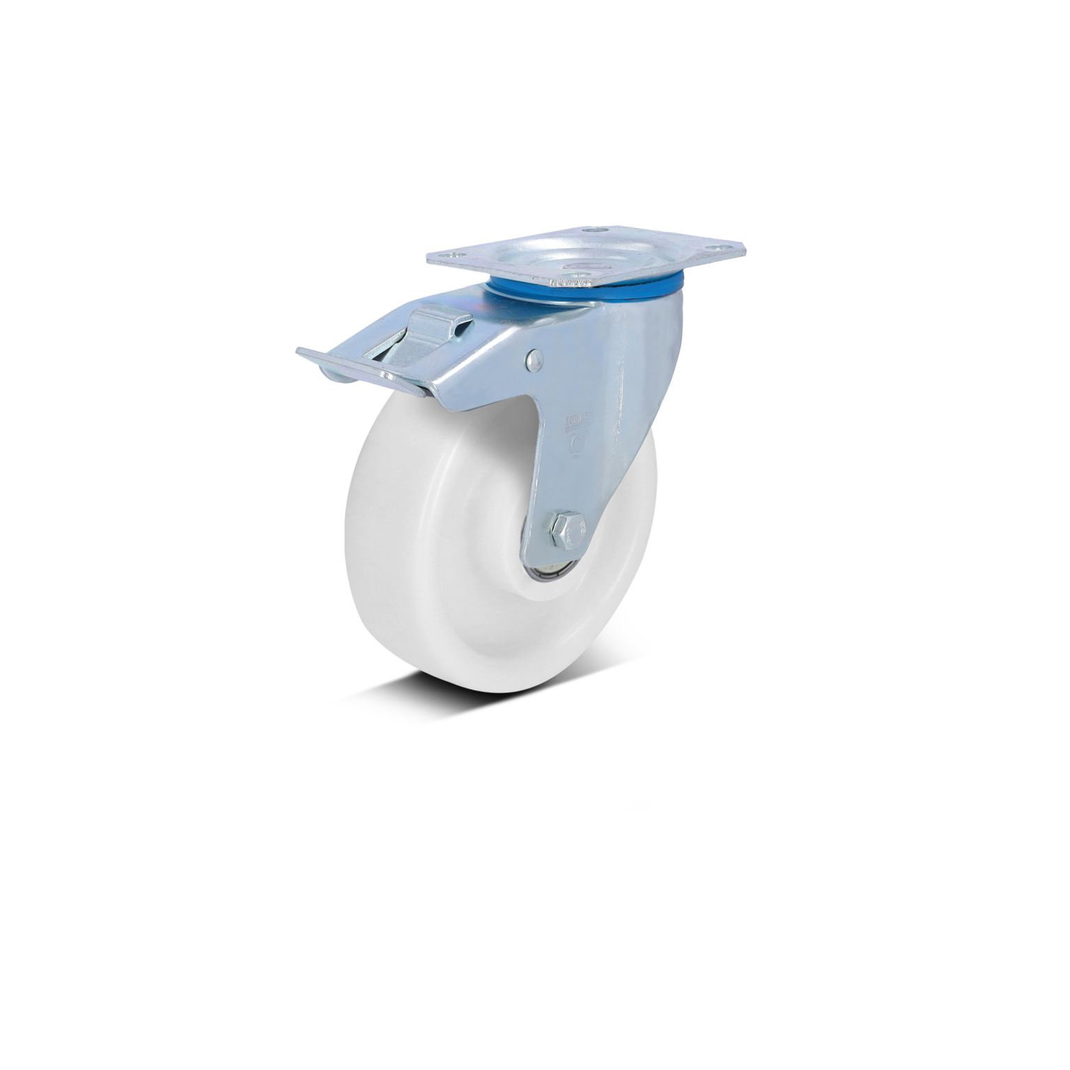 Wiel met een witte rubberen band en een metalen bevestigingsplaat. De bevestiging is gemaakt van verzinkt staal en heeft een blauwe ring. Het is ontworpen voor gebruik in industriële toepassingen.