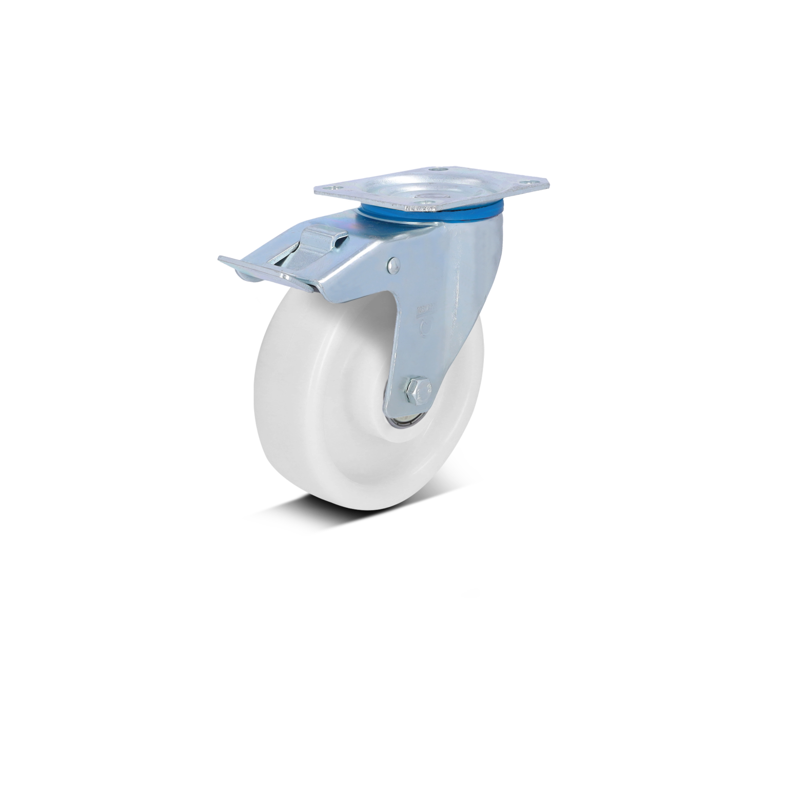 A swivel castor wheel with a white rubber tire is mounted on a metal bracket. It features a metal top plate for secure attachment. The background is plain and colorless.