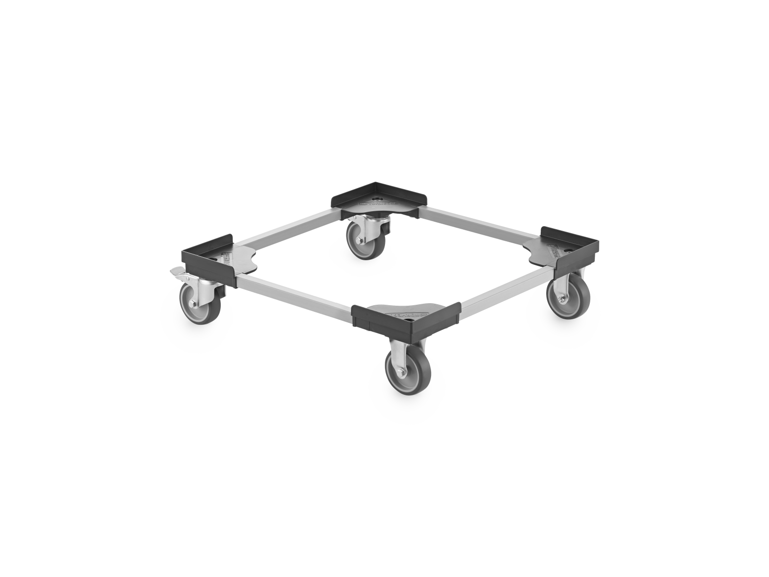 A rectangular transport dolly features a metal frame with four swivel wheels, designed for easy maneuverability. The wheels are attached to each corner of the frame, providing stability for moving heavy items.