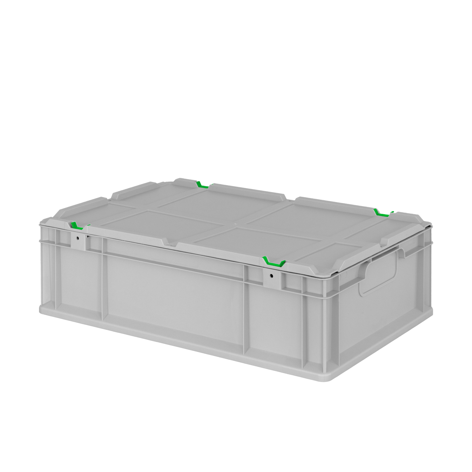A rectangular, grey plastic storage box features a removable lid with green locking clips at the corners. Its smooth exterior and integrated handles suggest easy stacking and transport for organizational use.
