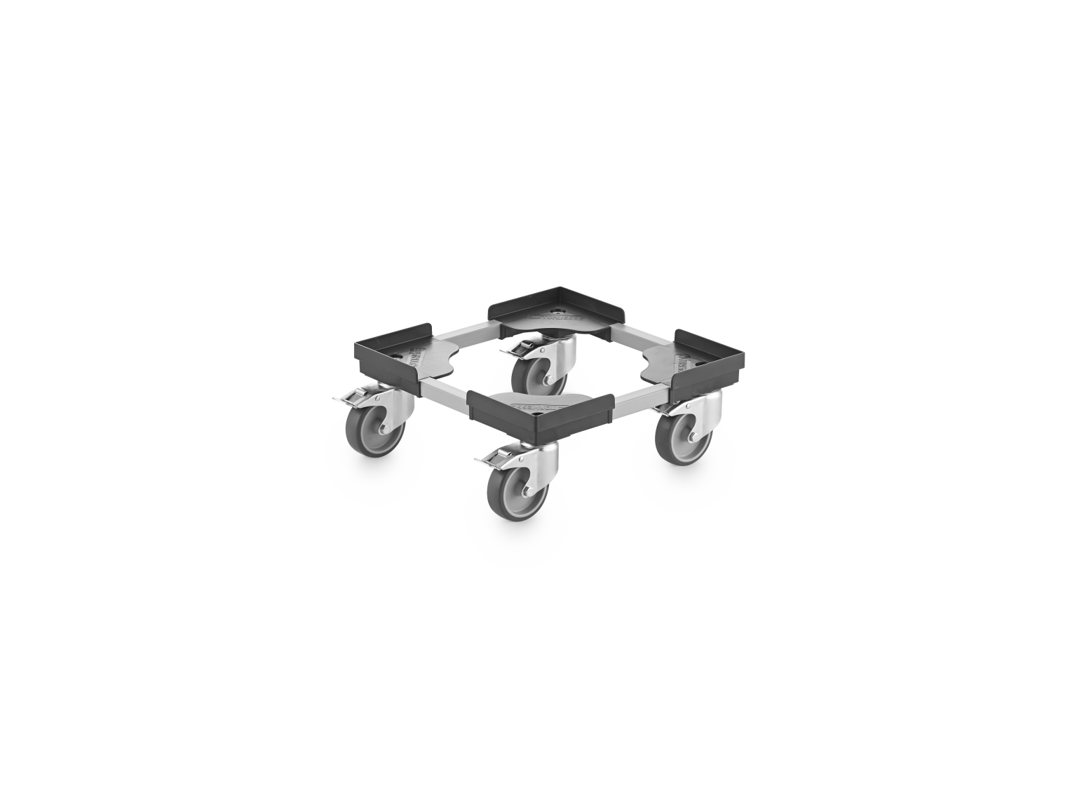 Ein quadratischer Transportwagen mit beweglichen Rollen. Der Wagen hat eine robuste Metallrahmenkonstruktion und vier Lenkrollen an den Ecken. Der Hintergrund ist einfarbig.