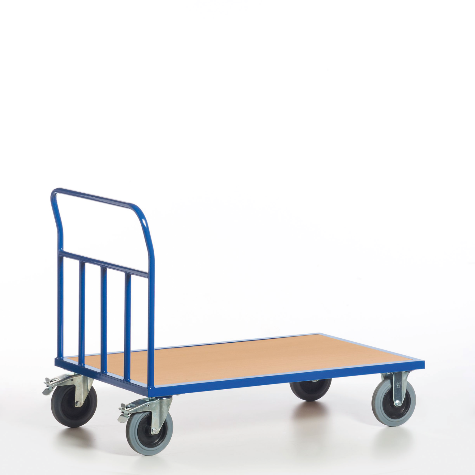 A blue metal transport trolley with a flat, brown surface and a back handle. It features four swivel wheels for mobility, set against a plain white background.