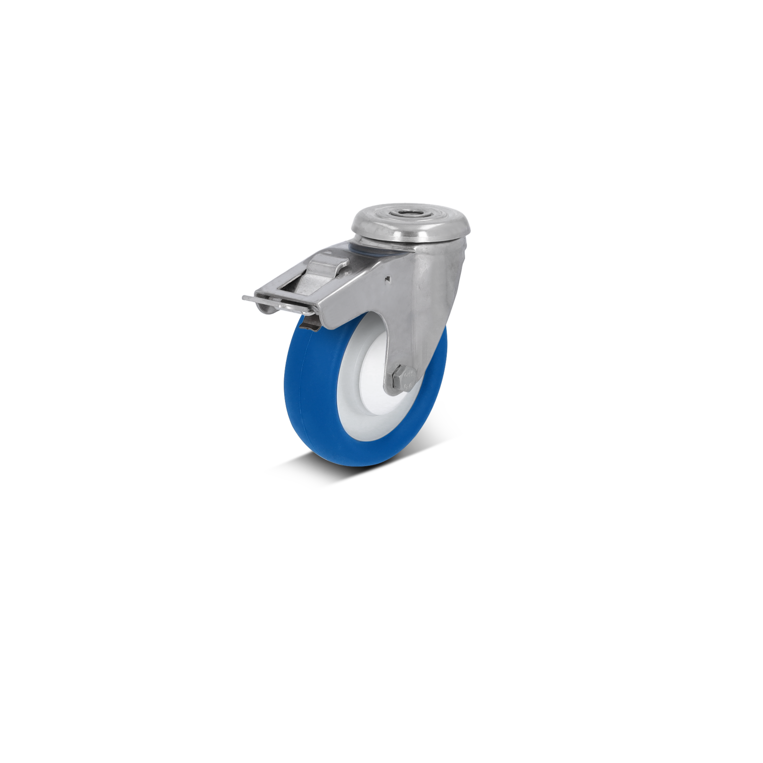 Lichtblauwe wiel met een witte rand en een metalen bevestigingsplaat. Het wiel is afgewerkt met een glanzend oppervlak en is gepositioneerd tegen een zwarte achtergrond, waardoor de details goed zichtbaar zijn.