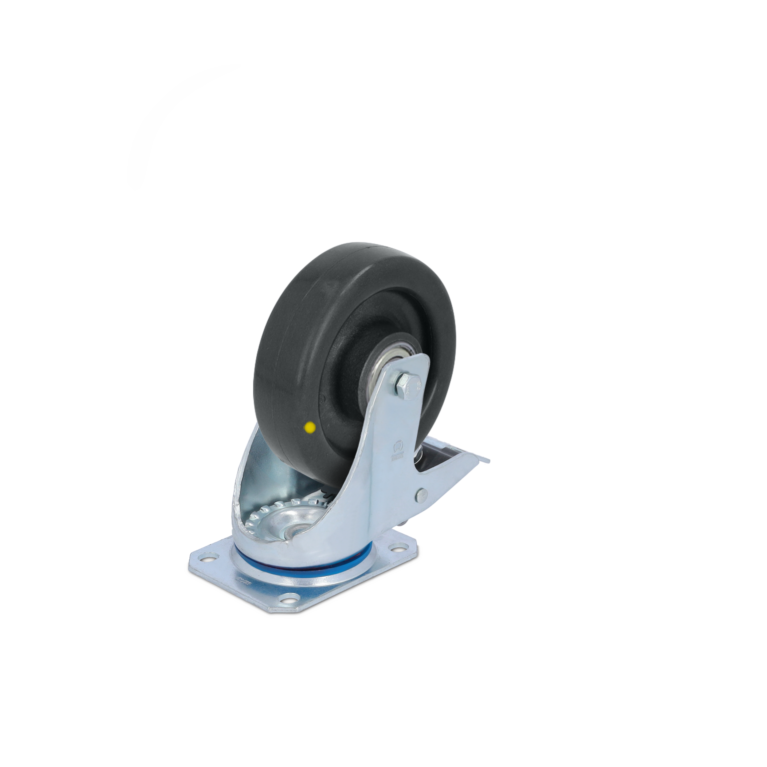 A swivel castor wheel features a black rubber wheel mounted on a metal plate. The assembly includes a pivot mechanism for maneuverability, set against a plain background, emphasizing its industrial design.