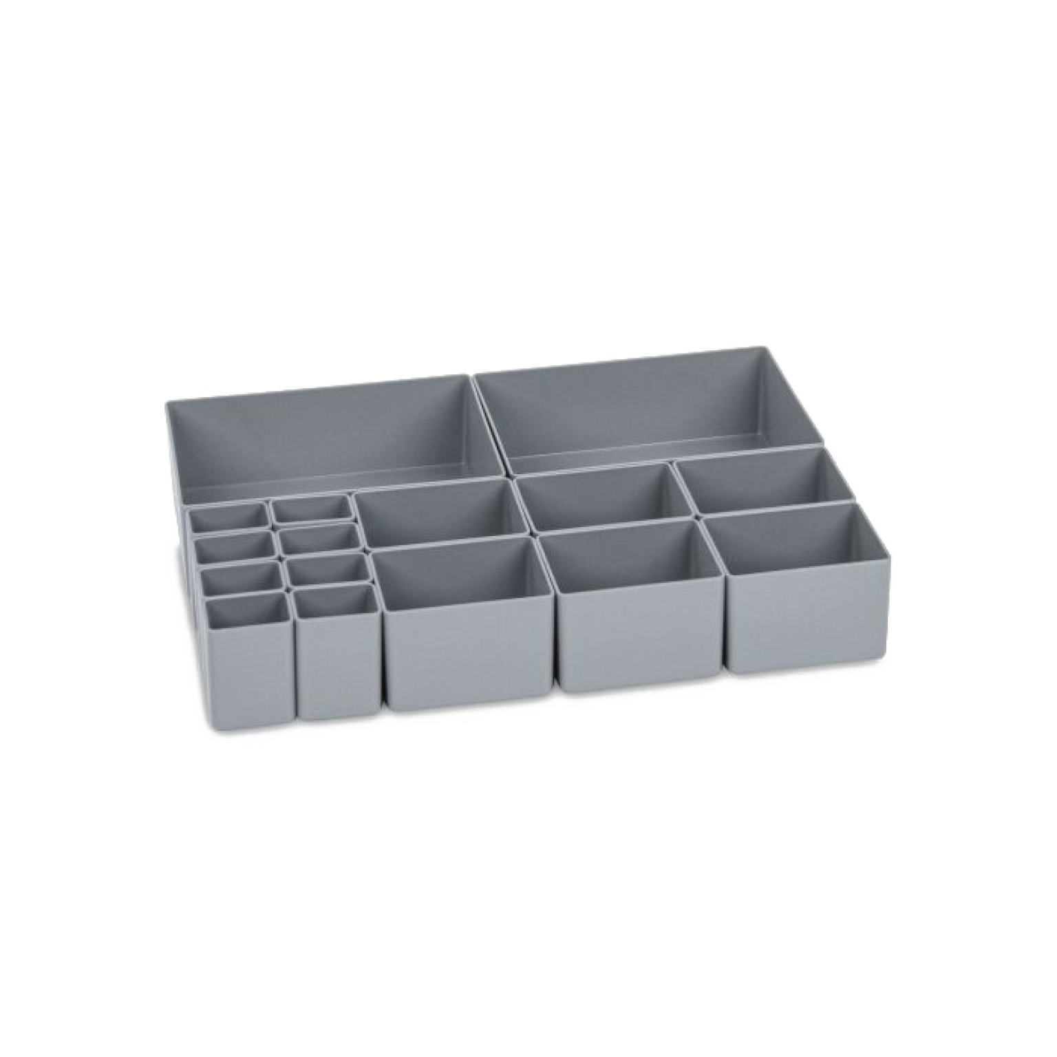 A gray plastic organizer features multiple compartments of varying sizes, designed for sorting and storing small items. Its rectangular shape is suitable for industrial or office use, placed on a plain background.