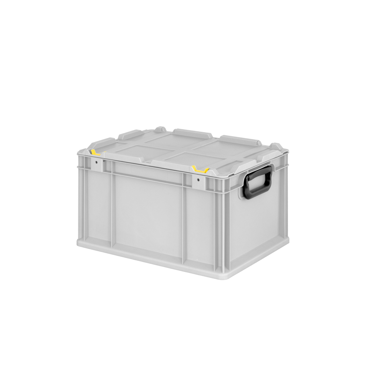 A rectangular, gray plastic storage box features a lid with yellow clips for securing it. It has a sturdy black handle on one side, situated against a plain background.