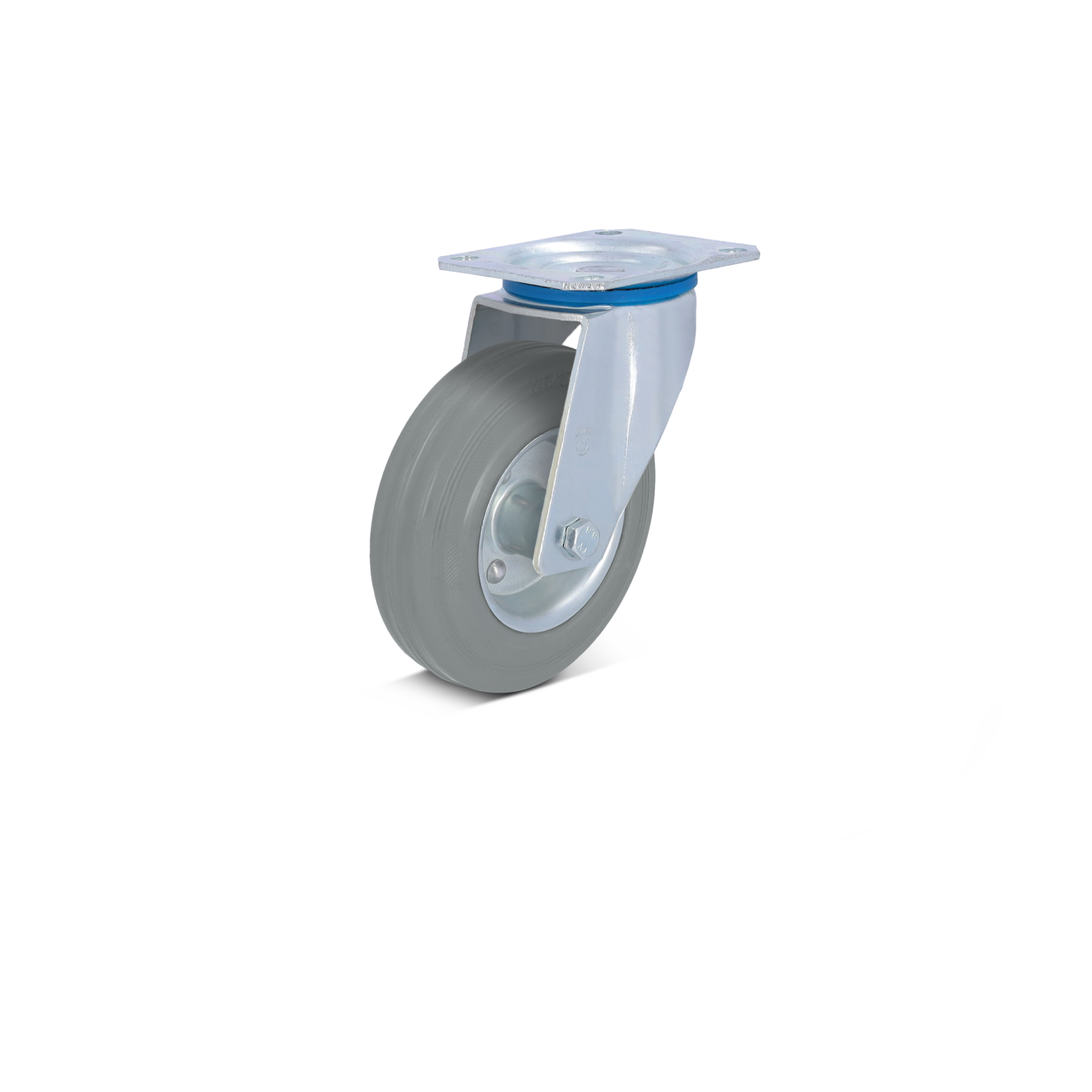Zwenkwiel met een grijze rubberen band en een metalen bevestigingsplaat. Het wiel is ontworpen voor intralogistiek en kan bevestigd worden aan transporttrolleys of andere apparatuur.