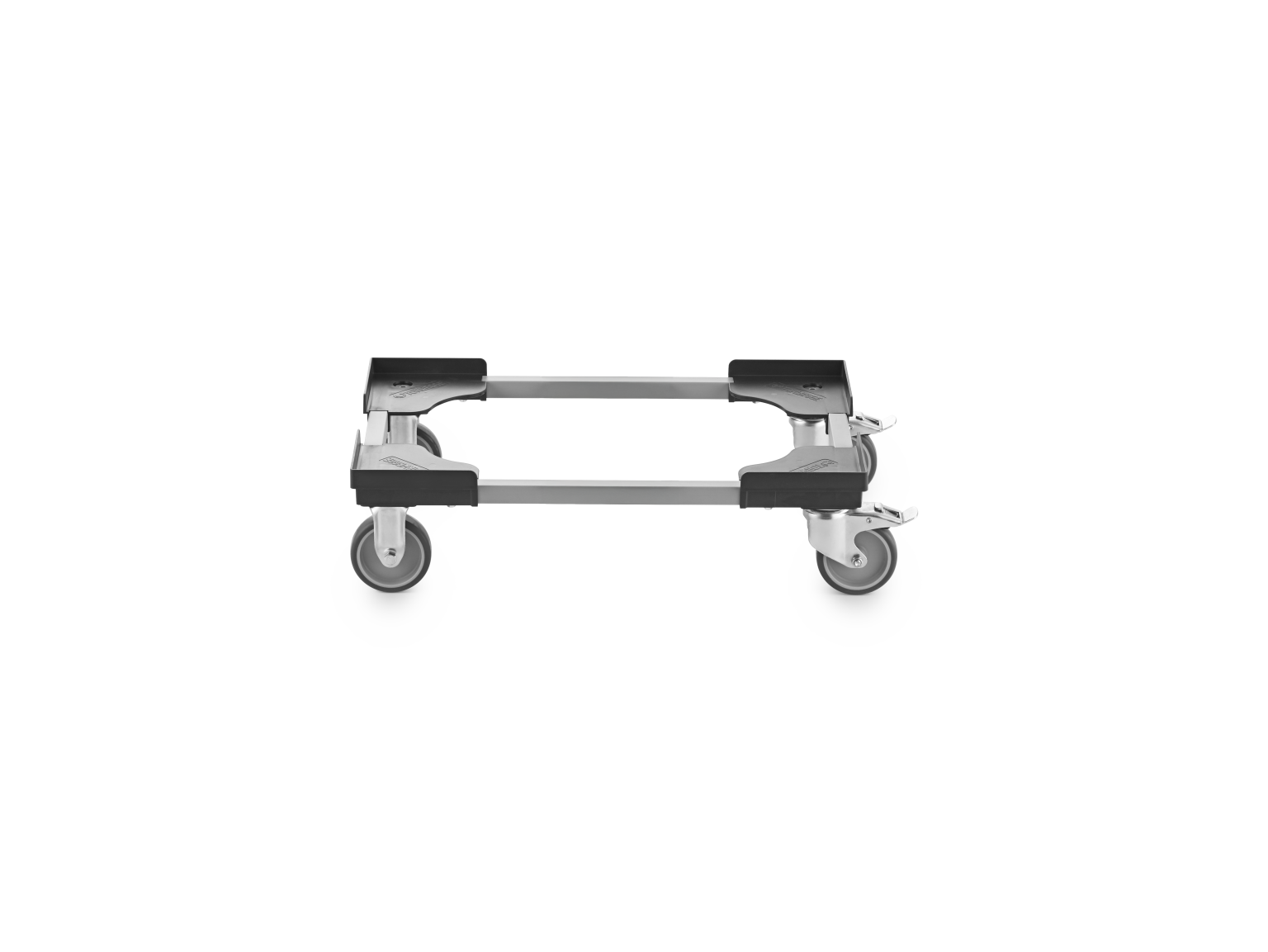 A transport trolley with a rectangular, metallic frame features four swivel castors. The frame includes rubberized handles at the ends for grip, positioned against a plain background.