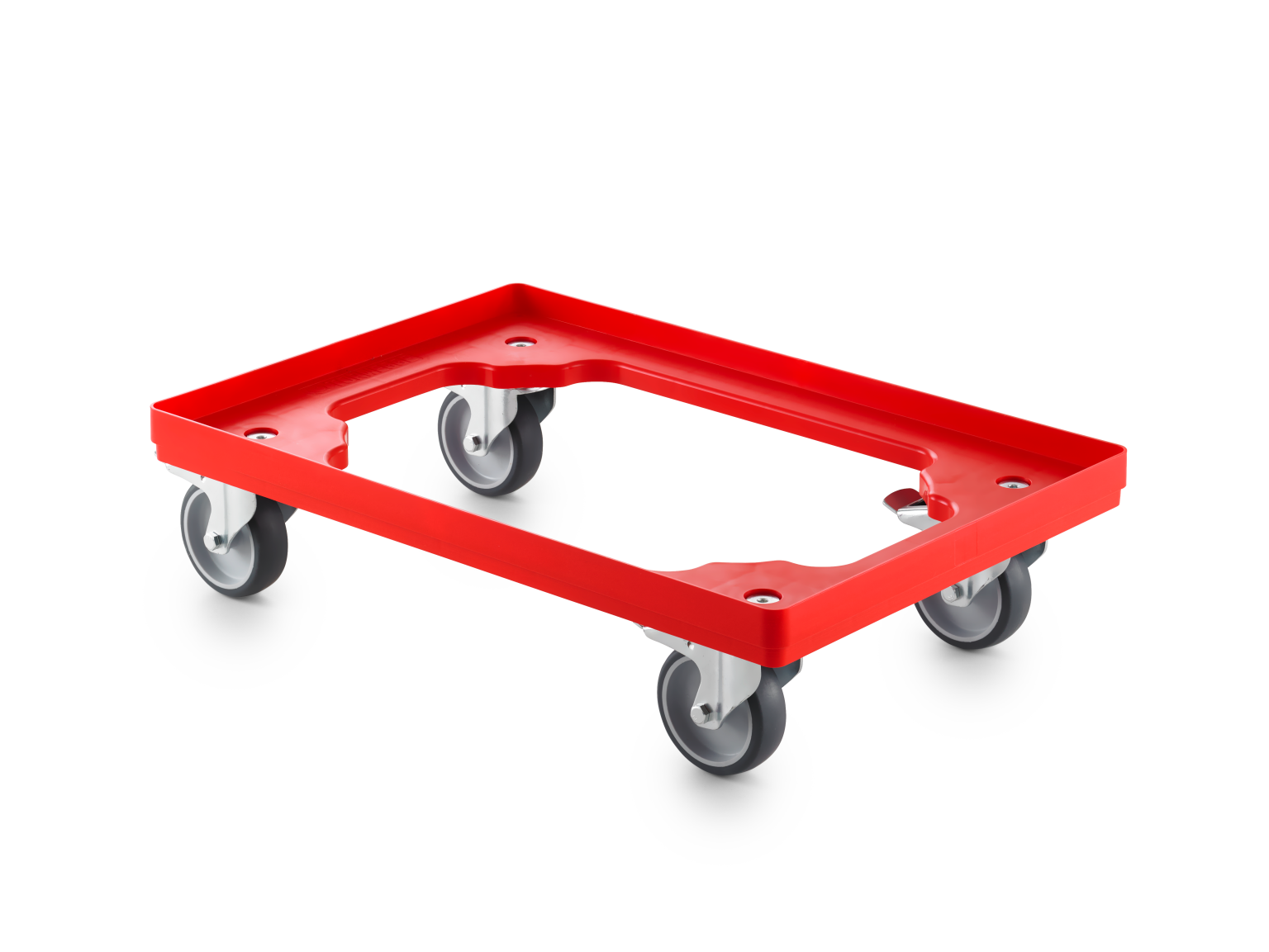 A red transport trolley features a rectangular platform with rounded edges and is equipped with four gray swivel castors. The design allows easy mobility and access for various materials.