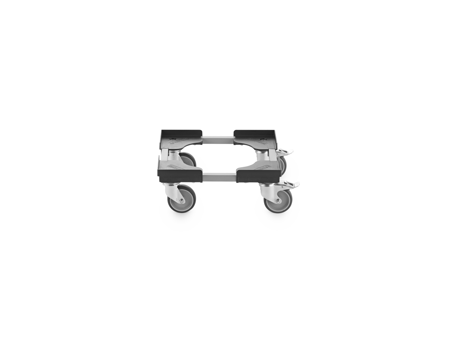 A transport trolley with a rectangular frame features four swivel castors. The castors are mounted on the corners, and the frame is designed for easy movement in industrial settings.