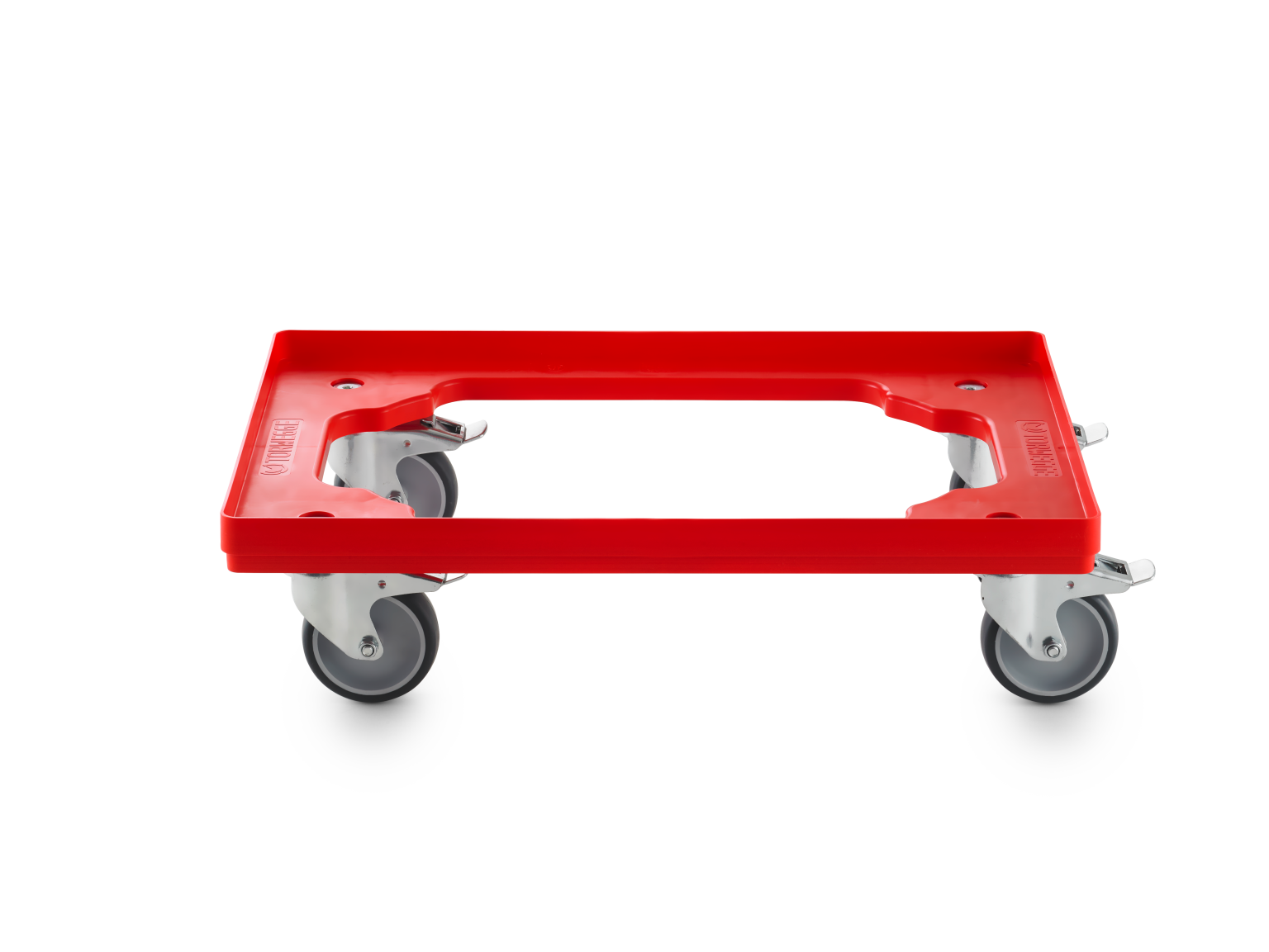 A red transport trolley with a rectangular base features a central cutout for easy handling. It has four wheels for mobility, positioned at each corner. The background is plain.