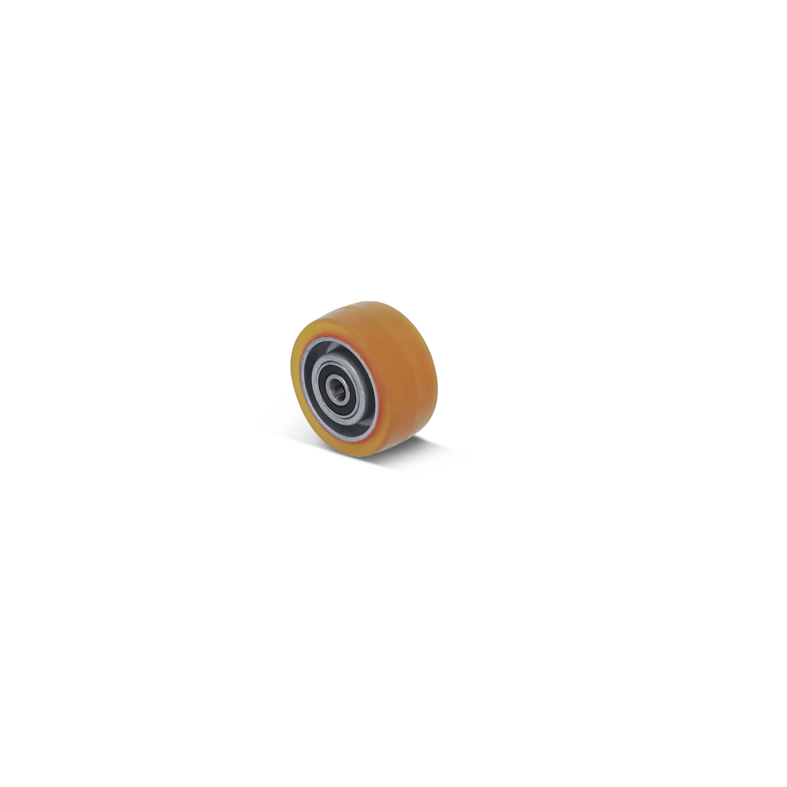 Rond, oranje rubberwiel met een metalen lager zichtbaar in het midden. Het bevindt zich op een neutrale achtergrond en lijkt klaar voor gebruik in een industriële setting.