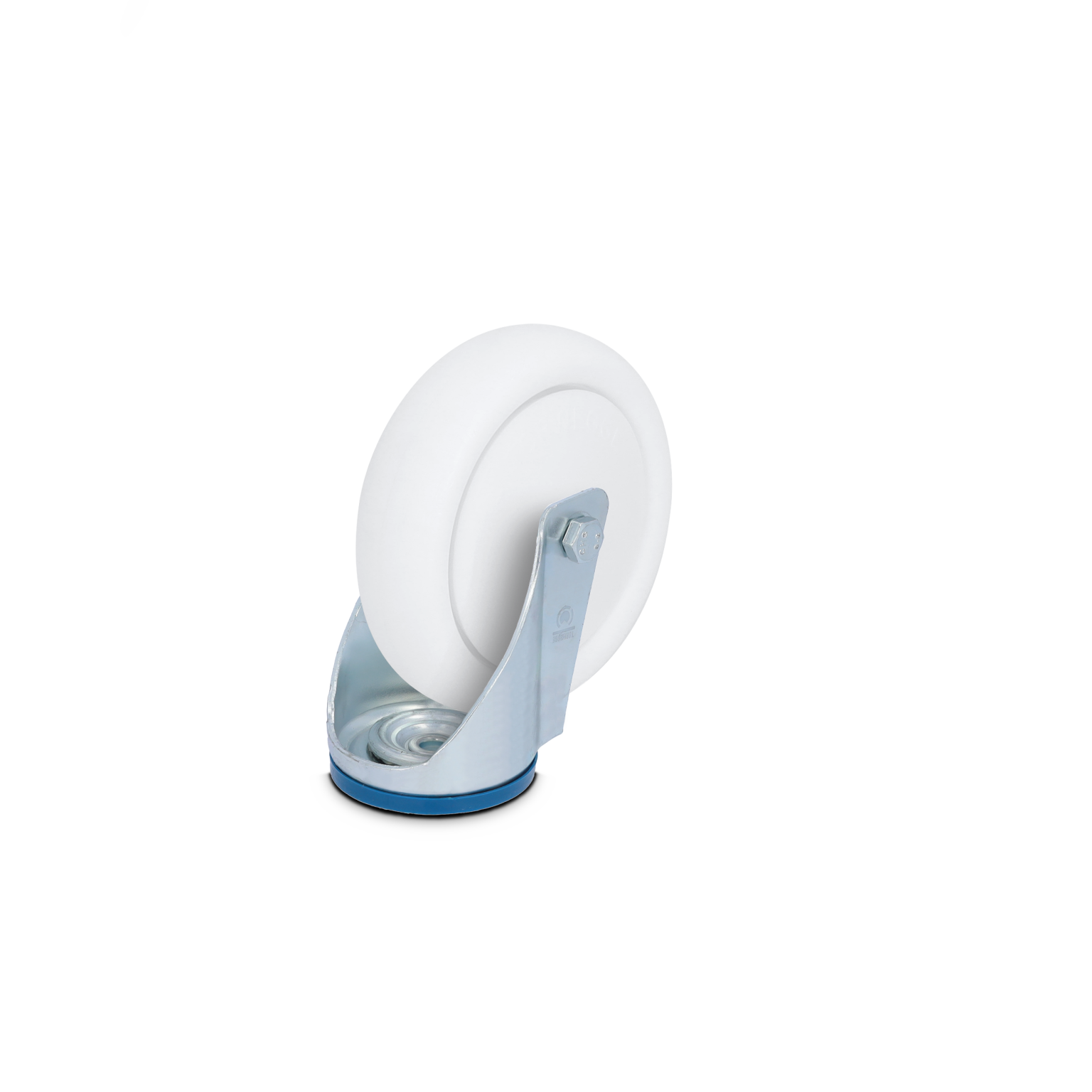 A white plastic wheel is mounted on a shiny metal bracket, featuring a blue rubber ring at the base. The wheel is positioned upright, suitable for use in material handling.
