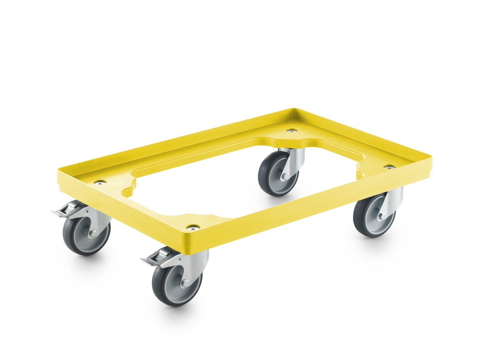 Yellow transport trolley with a rectangular design and four swivel castors. The trolley features a raised edge and is positioned on a flat surface, suitable for moving items in industrial settings.