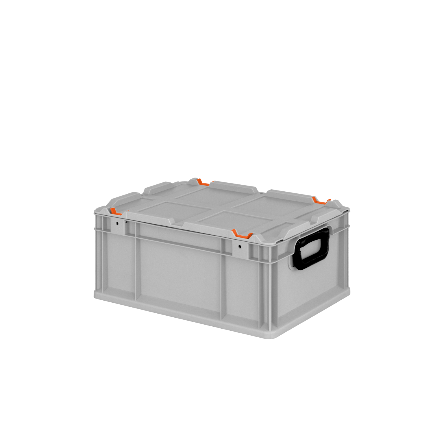Graue Kunststoffbox mit schwarzen Griffen und orangefarbenen Clips. Sie hat eine klare Struktur, bietet Stauraum und steht auf einer neutralen Hintergrundebene. Ideal für Lagerung und Transport.
